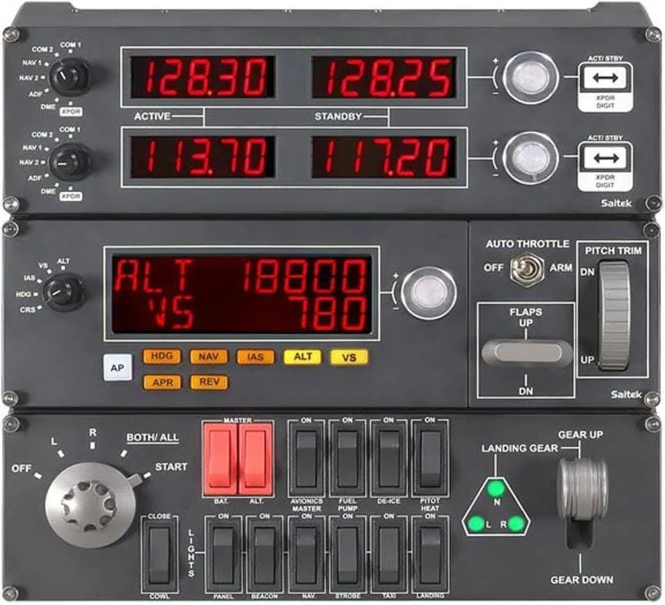 Flugsimulator-Panel mit Anzeigen und Schaltern. Schwarzer Hintergrund.