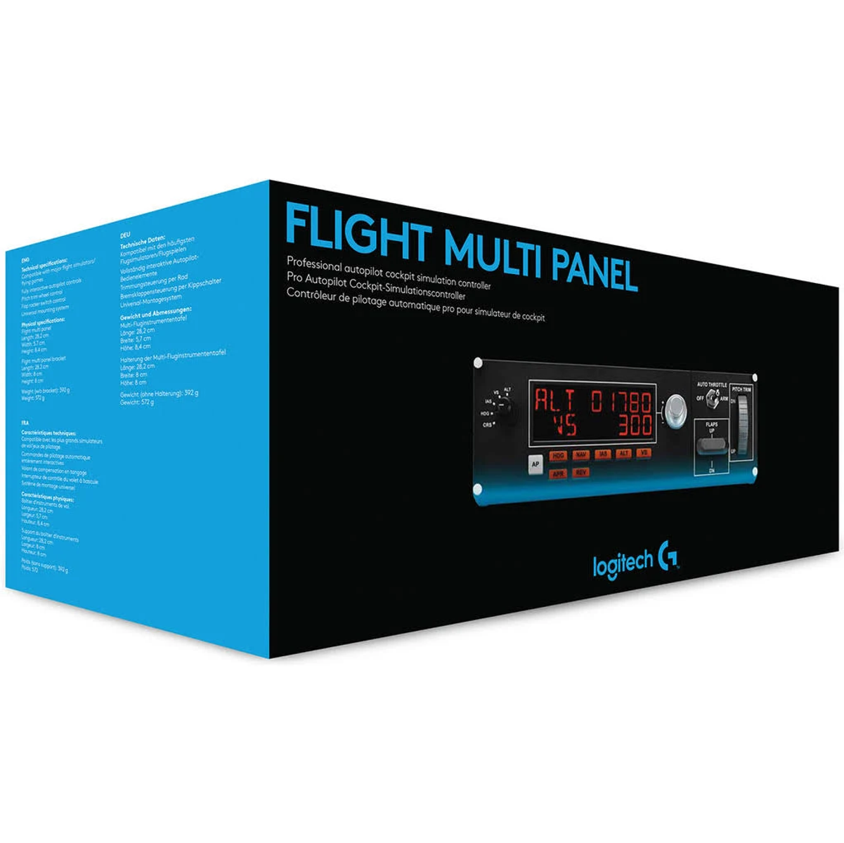 Flight Multi Panel Box mit Produktbild und Spezifikationen, Text in mehreren Sprachen.