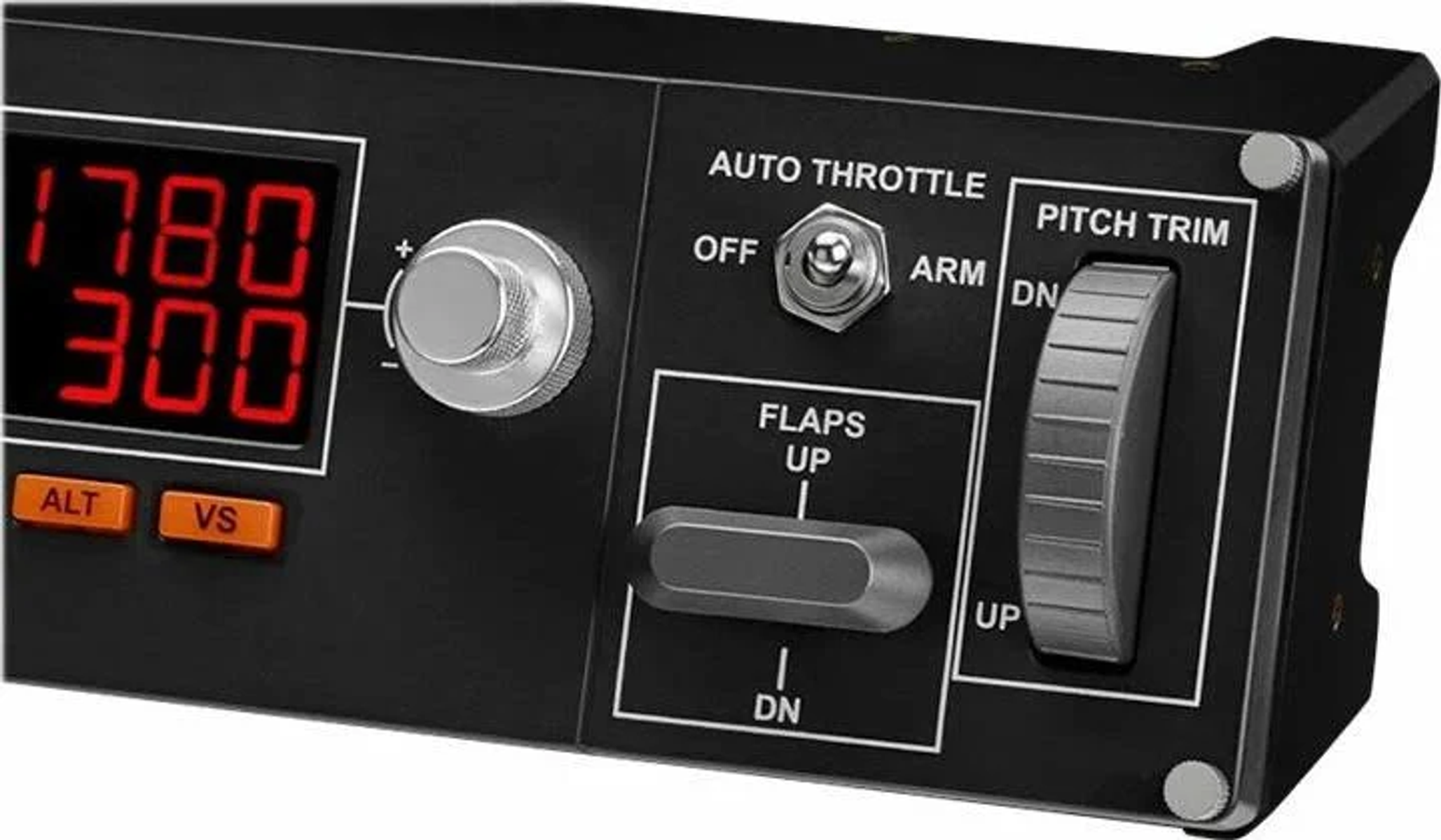 Schwarzes Bedienfeld mit Digitalanzeige und verschiedenen Schaltern und Reglern mit der Aufschrift 'AUTO THROTTLE', 'FLAPS' und 'PITCH TRIM'.