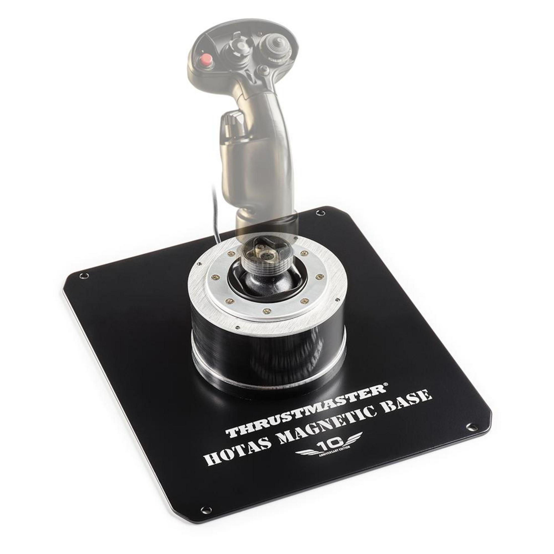 Black flight simulator joystick mounted on a black base.