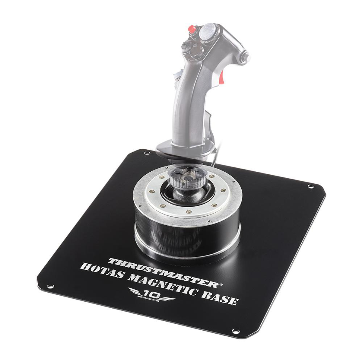 A black flight joystick with a silver handle on a black base, white background.