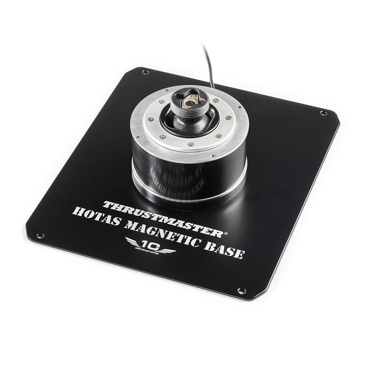 Black HOTAS magnetic base for Thrustmaster. It has silver details and the logo printed on it.