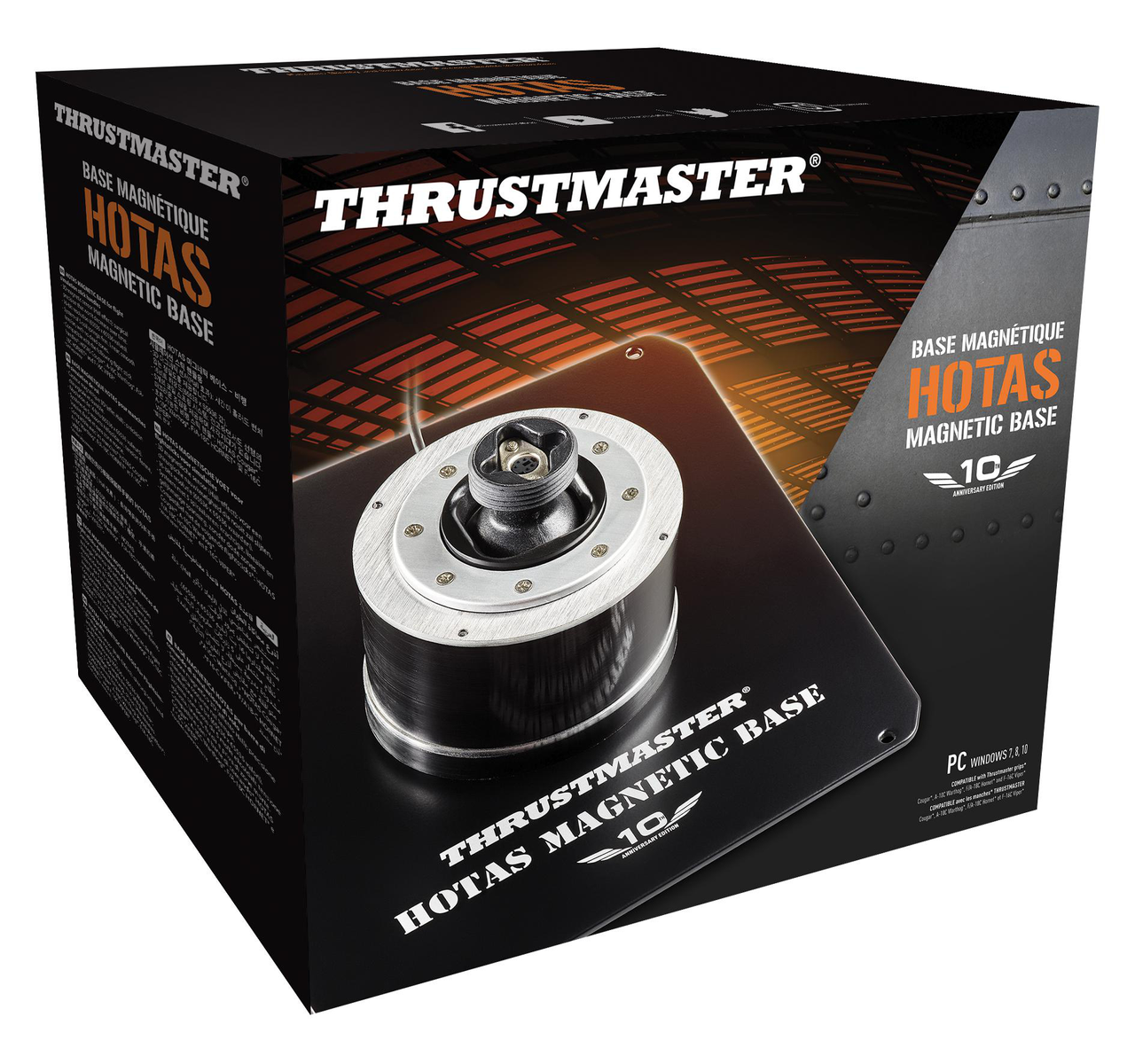 Black box with THRUSTMASTER and HOTAS MAGNETIC BASE written on it, and an image of the product inside.