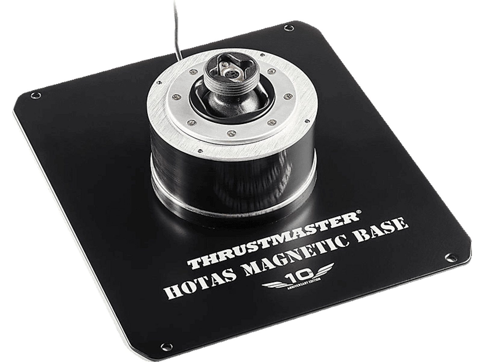 A black square base with a cylindrical device on top. Text reads 'Thrustmaster HOTAS MAGNETIC BASE' with a logo.