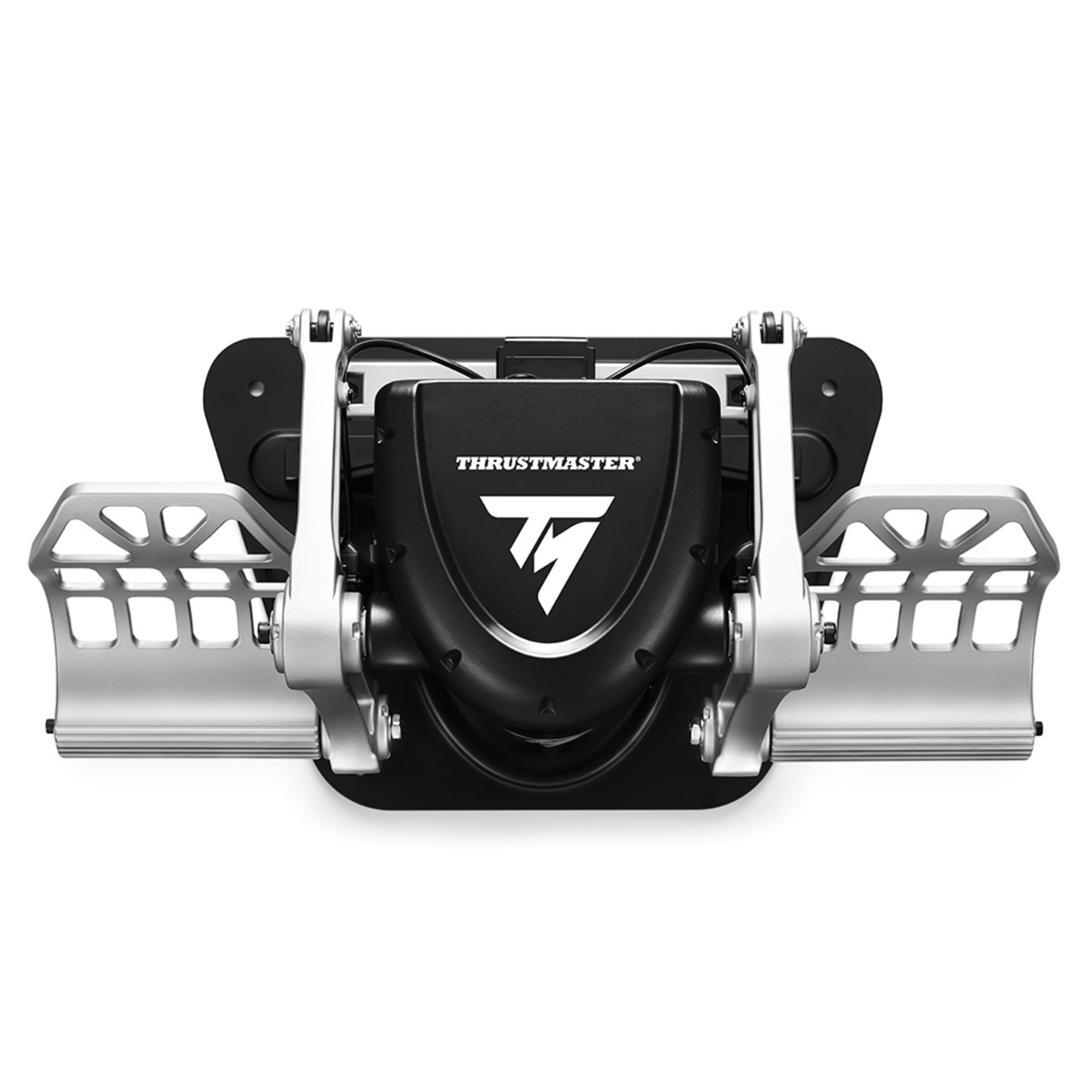 Pedali per simulatore di volo neri e argentati con il logo Thrustmaster al centro.