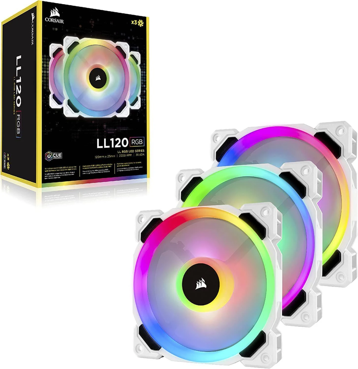 Drei RGB-Computerlüfter in einer Box. Lüfter mit farbiger Beleuchtung und weißen Rahmen, mit Corsair Logo.