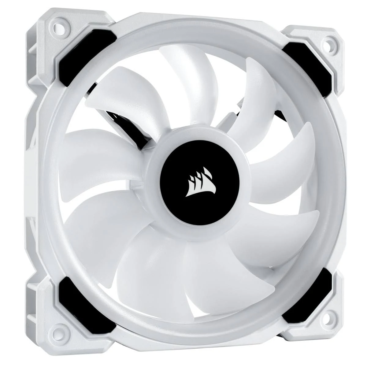 Weißer PC-Lüfter mit weißen Flügeln und schwarzem Rahmen, Corsair-Logo.
