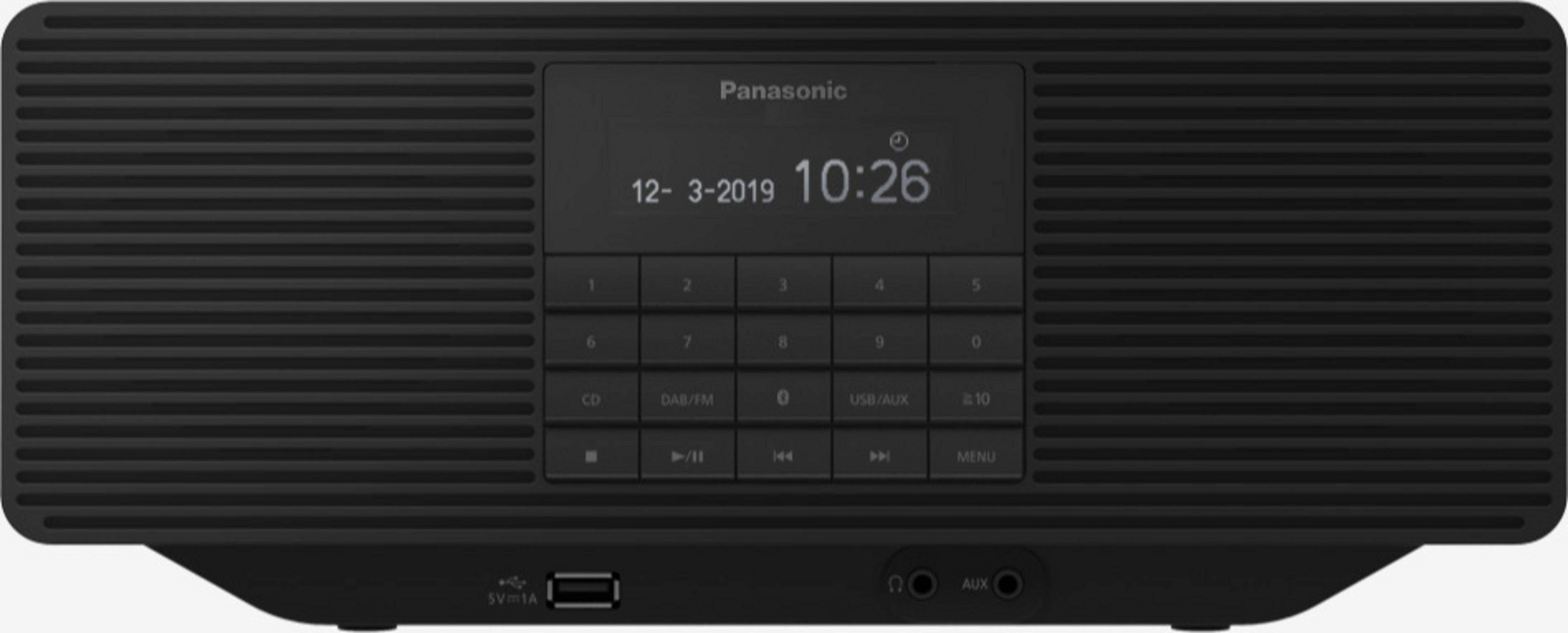 Czarny radio Panasonic z cyfrowym wyświetlaczem zegara. Widoczne przyciski i port USB.