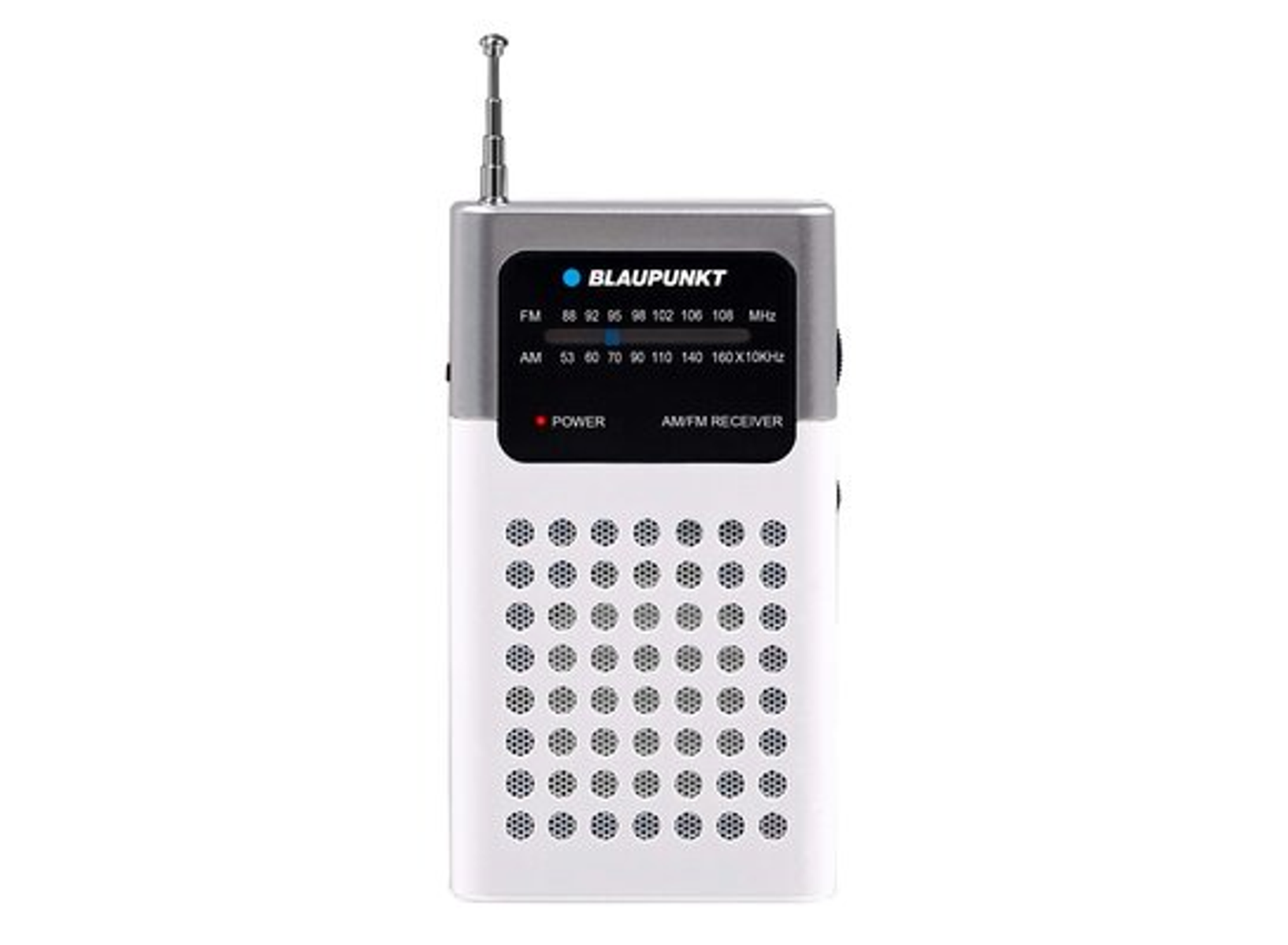 Una radio bianca e grigia con un'antenna argentata. La radio ha un display e dei pulsanti.