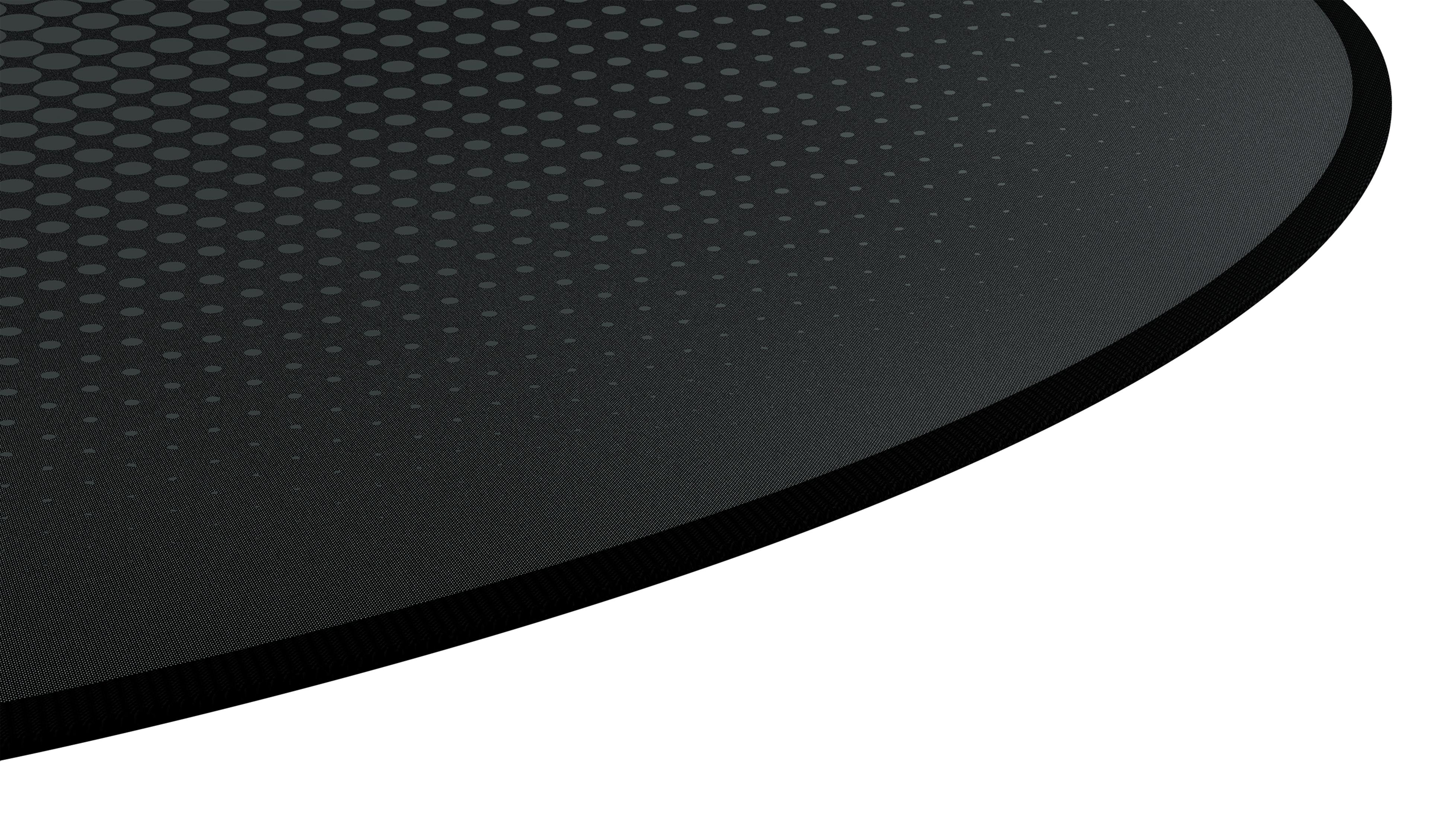 Ein schwarzes, kreisförmiges Mauspad. Die Oberseite hat ein strukturiertes, gepunktetes Design. Es liegt auf weißem Hintergrund.