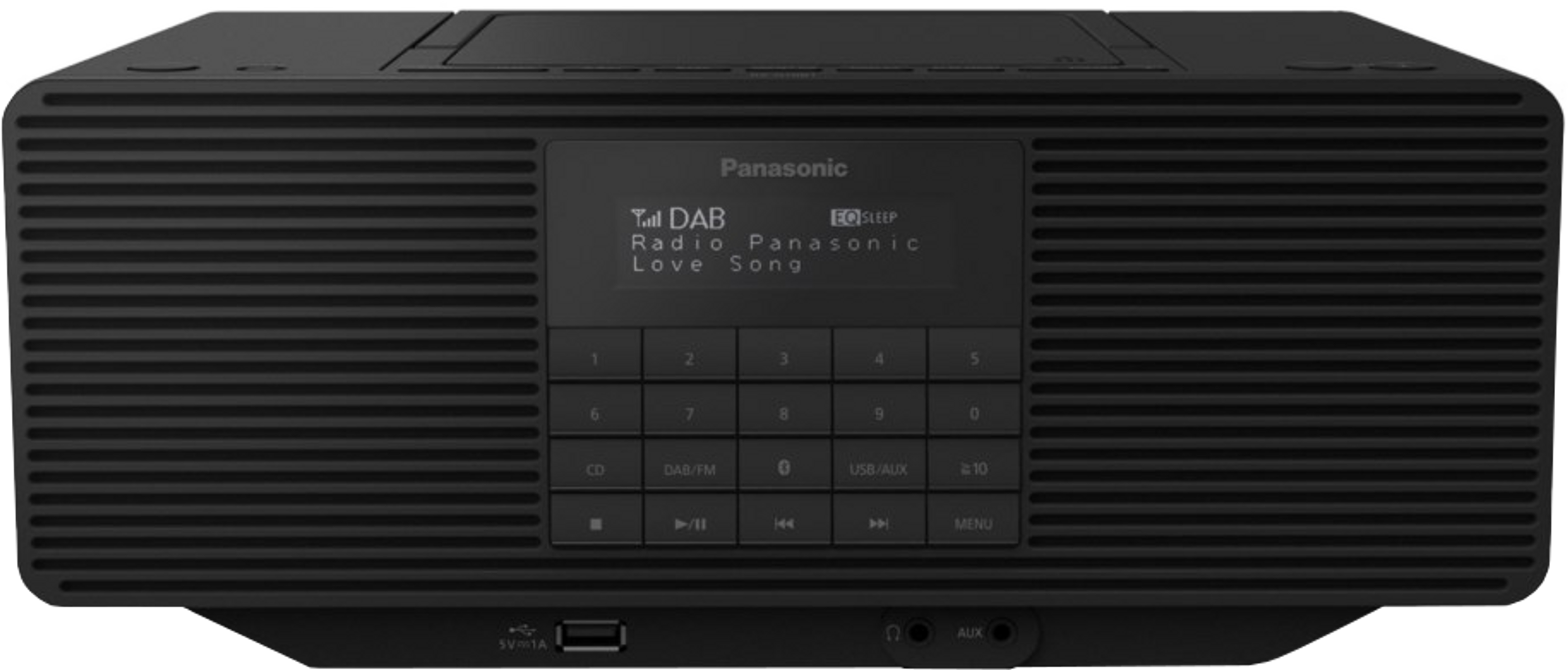 Czarny radio Panasonic z przyciskami, ekranem z informacjami radiowymi i portem USB.