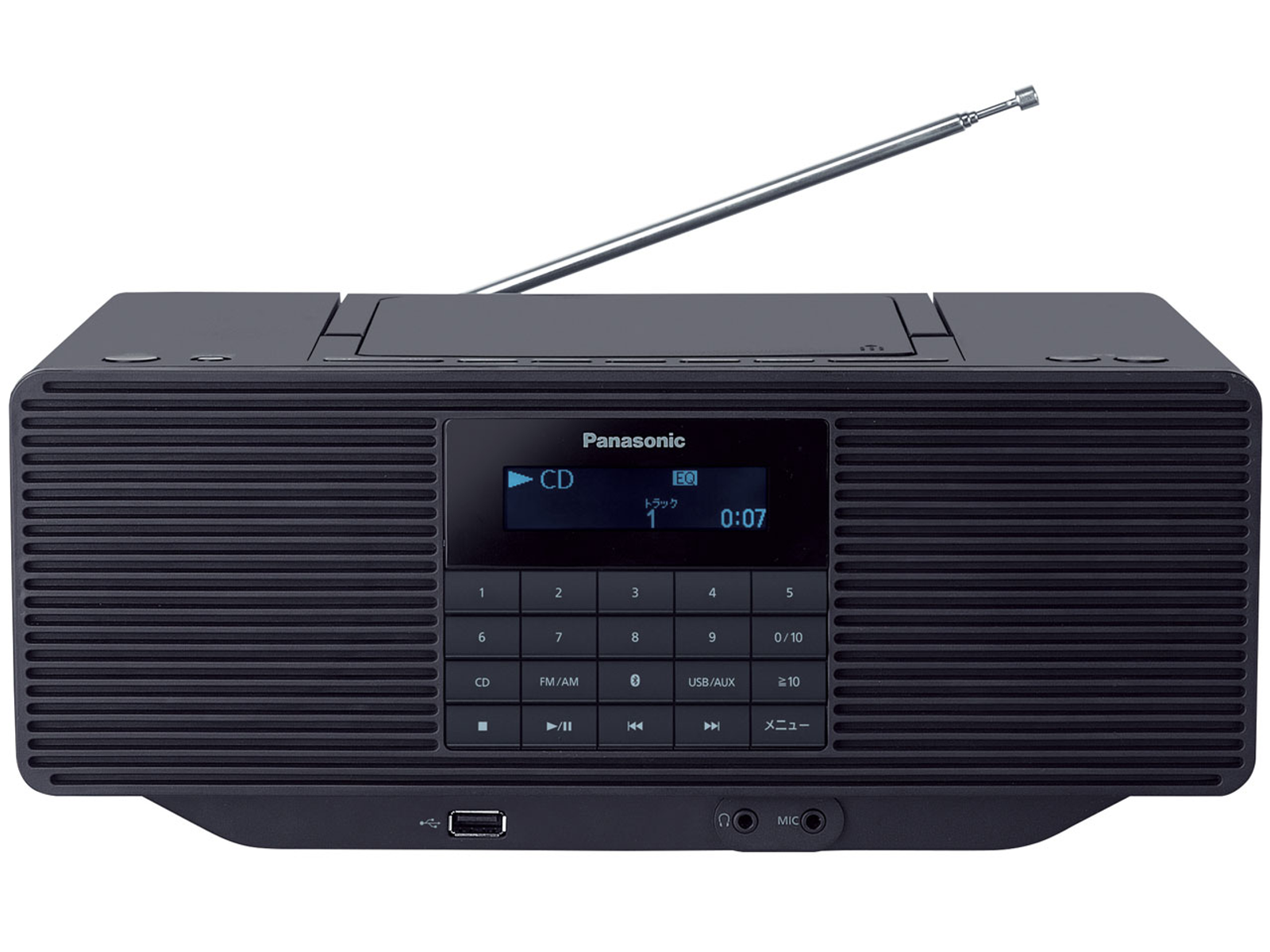 Czarny radioodtwarzacz Panasonic z wyświetlaczem, przyciskami i wysuwaną anteną. Zawiera odtwarzacz CD i port USB.