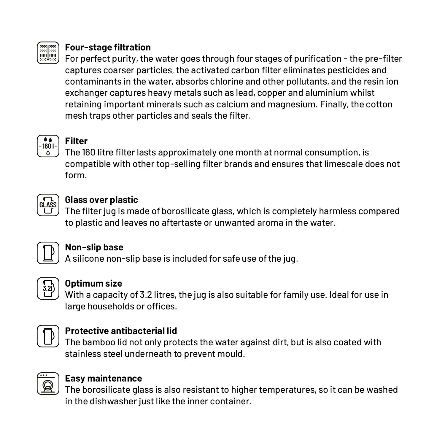 Text über einen Wasserfilter. Zeigt seine Funktionen: Filtration, Filterlebensdauer, Glas über Kunststoff etc.