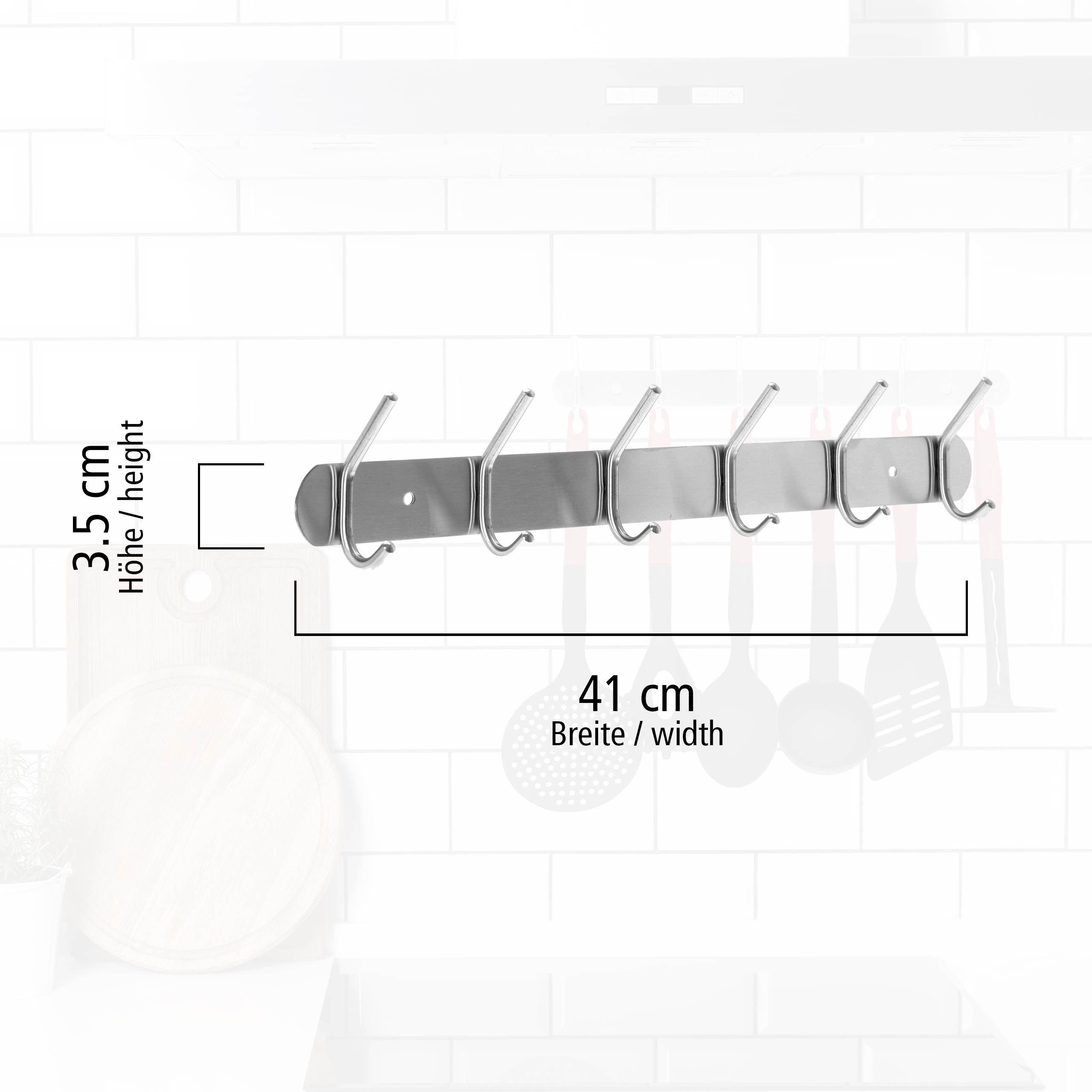 Edelstahlhaken an einer Wand montiert. Abmessungen werden gezeigt.