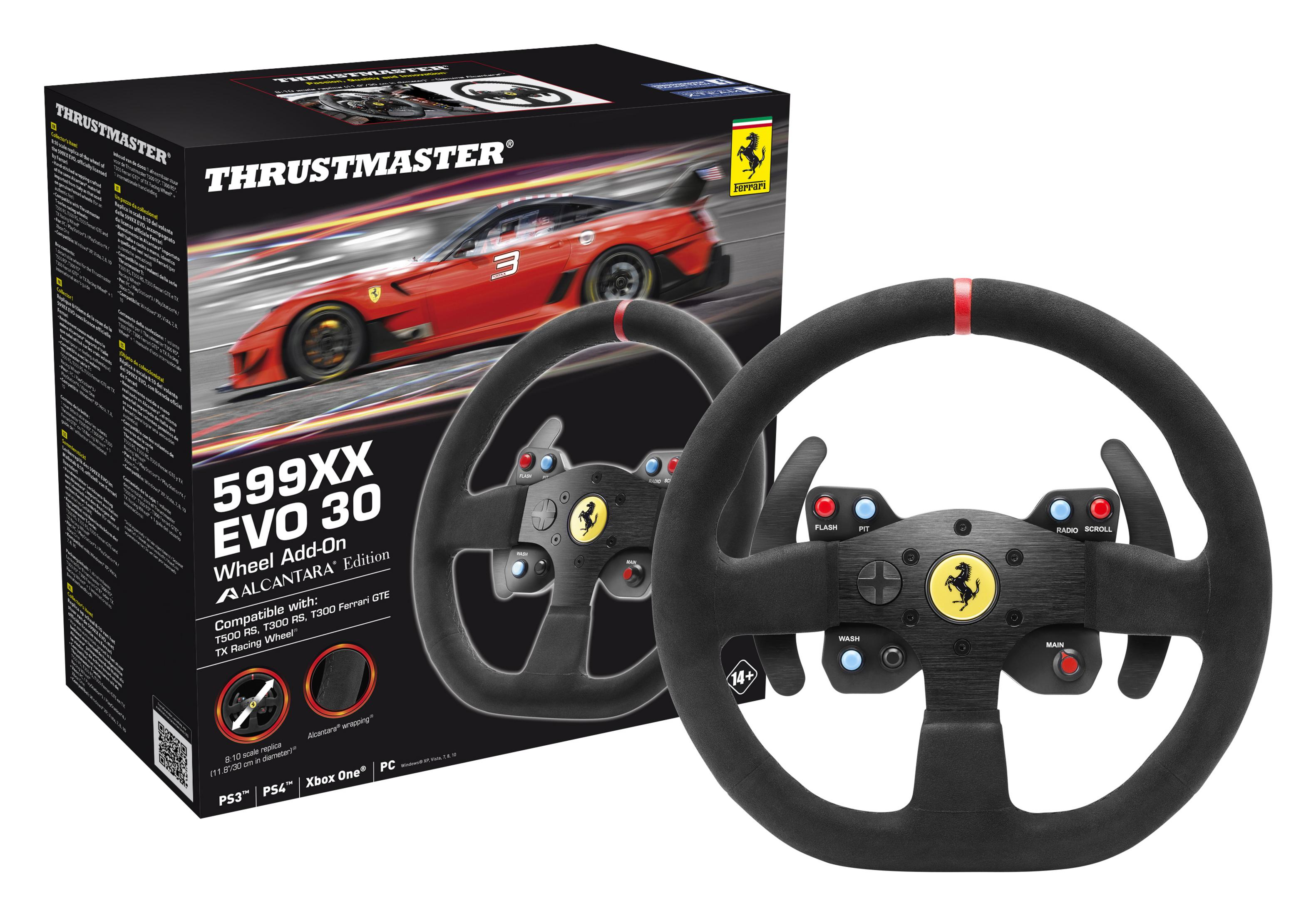 Ein Thrustmaster-Rennlenkrad mit Ferrari-Logo und eine Box mit einem roten Ferrari darauf.