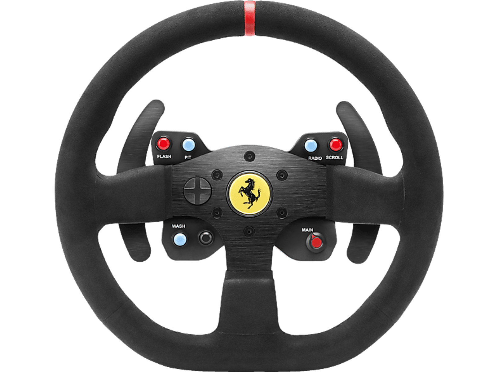 Schwarzes Lenkrad mit rotem Streifen. Knöpfe und Ferrari-Logo. Schwarz mit rotem oberen Streifen.