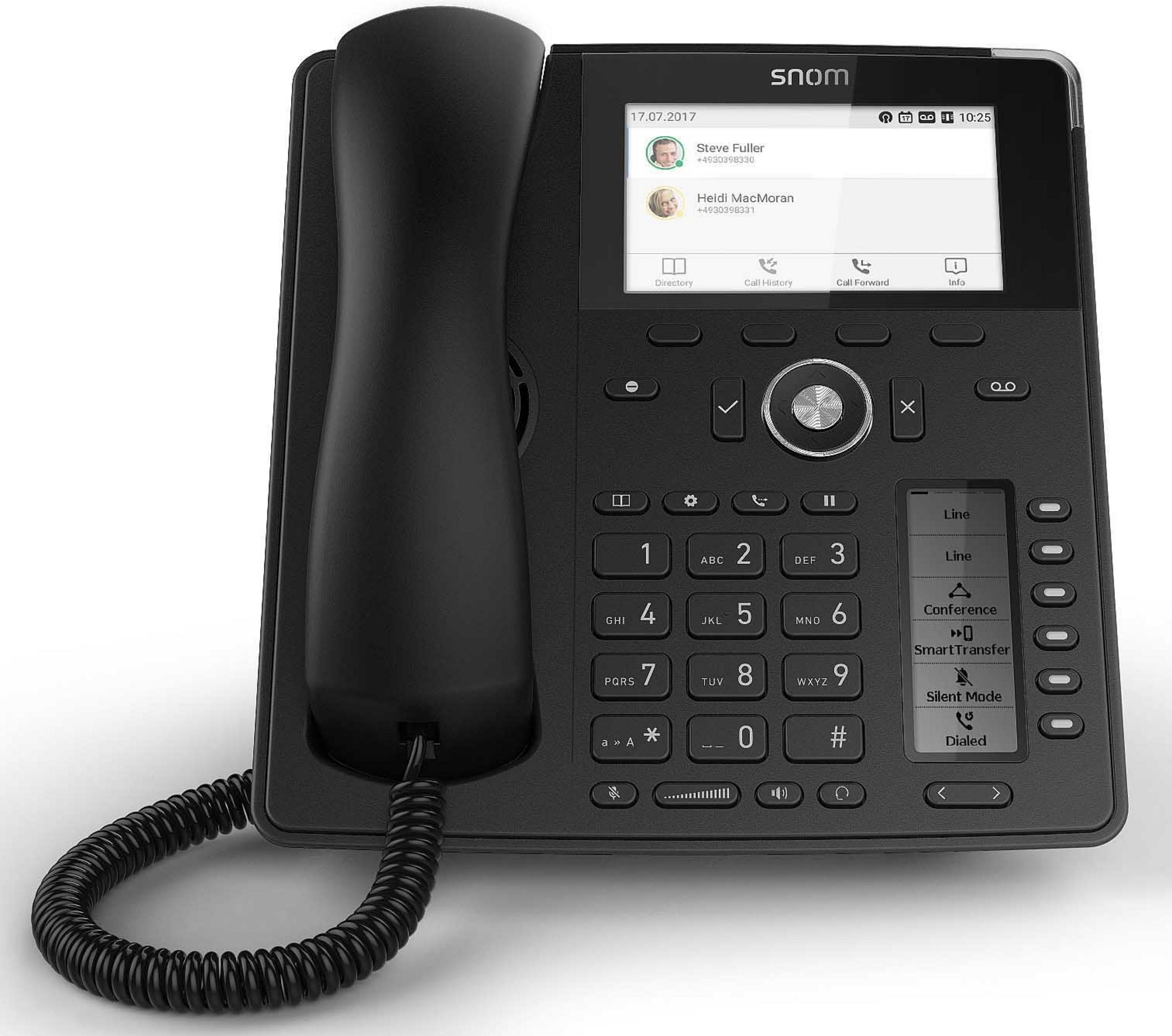 Czarny telefon biurowy. Posiada ekran, przyciski i słuchawkę ze skręconym kablem.