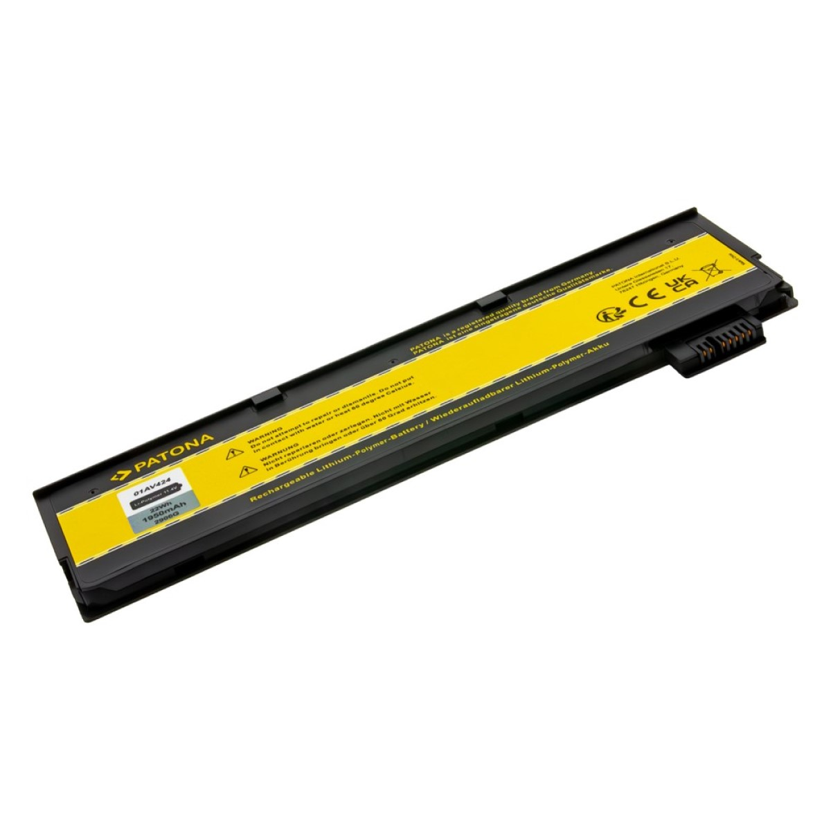 Schwarzer Laptop-Akku mit gelbem Etikett. Text und Warnsymbole gedruckt.
