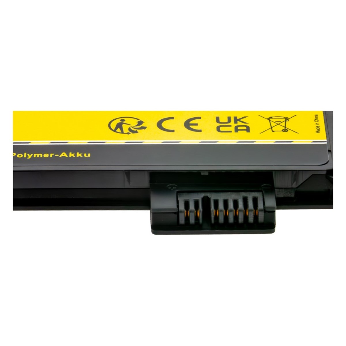 Nahaufnahme einer schwarz-gelben Batterie mit Stecker.
