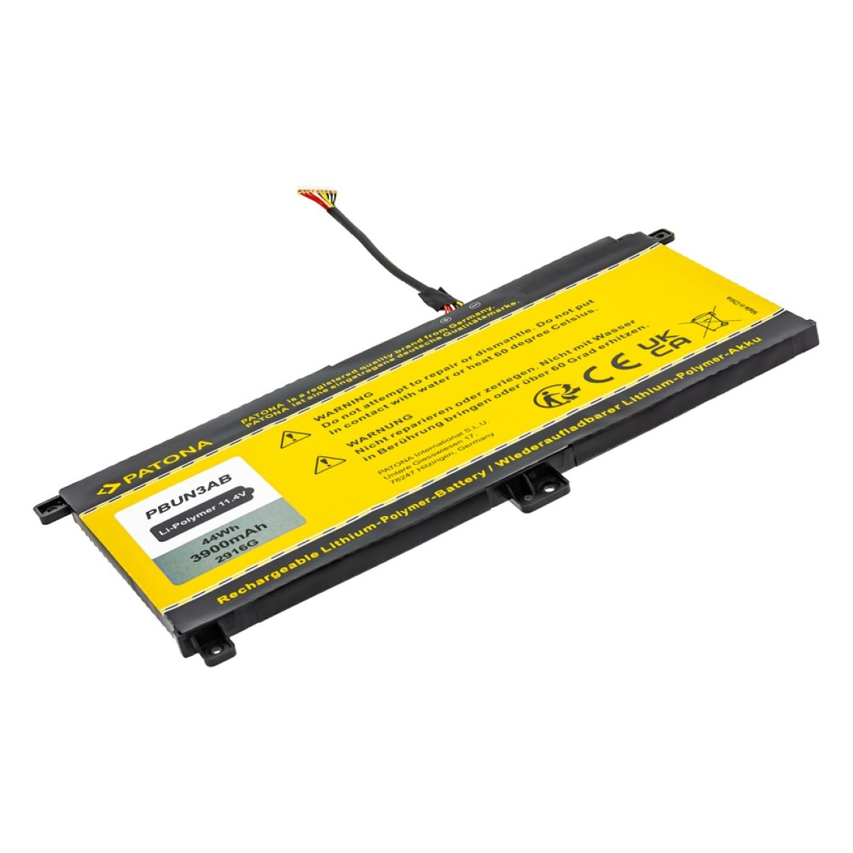 Laptop-Akku mit Warnhinweisen. Text: Wiederaufladbare Lithium-Polymer-Batterie. Weißer Hintergrund.