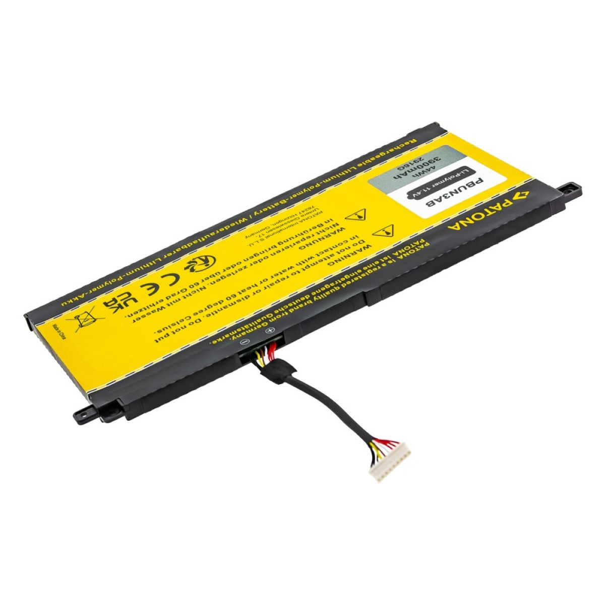 Laptop-Akku mit Text und Warnhinweisen. Stecker und Drähte sind sichtbar. Gelb und Schwarz.