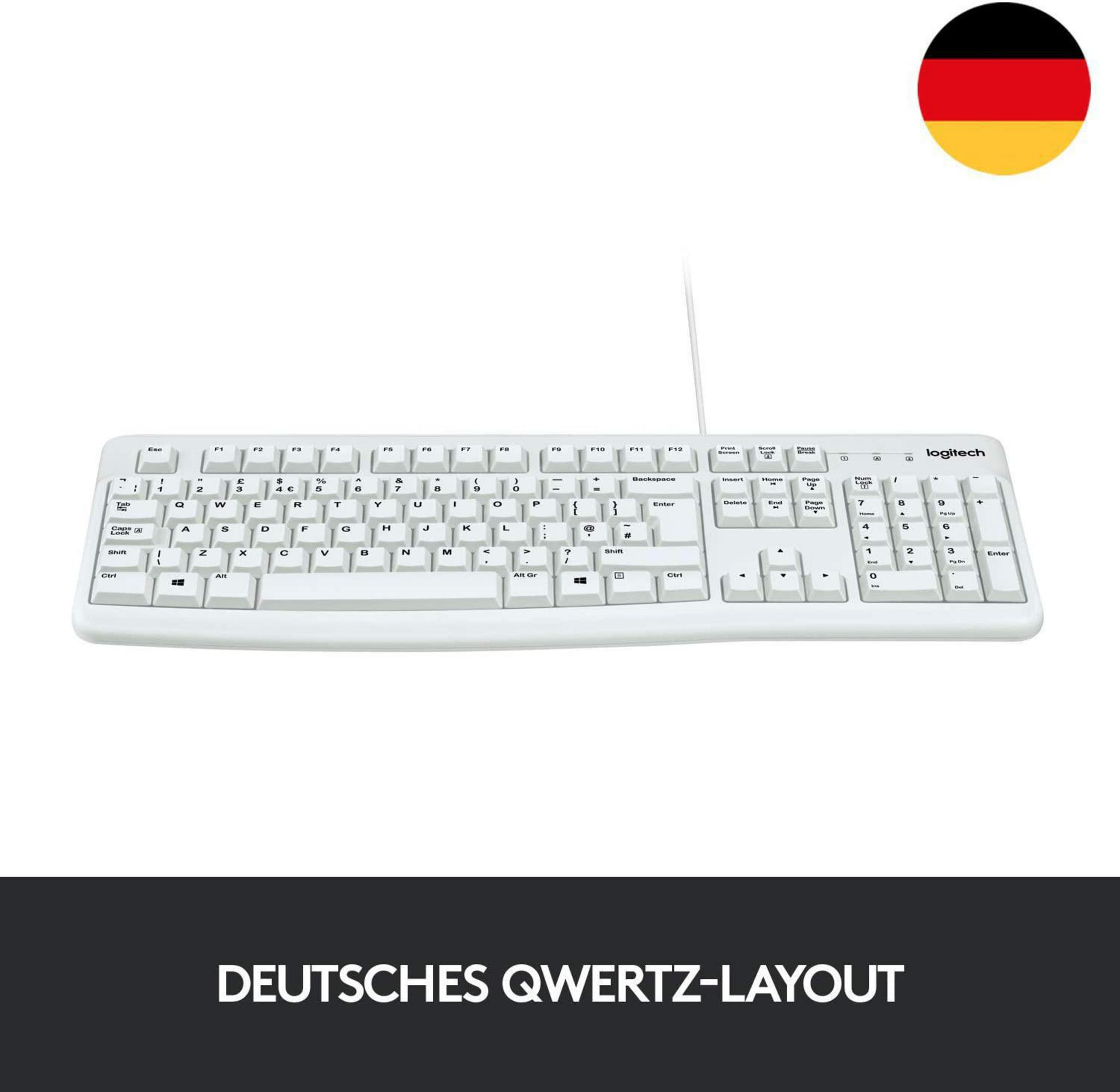Eine weiße Tastatur mit deutschem QWERTZ-Layout und einer deutschen Flagge in der Ecke.