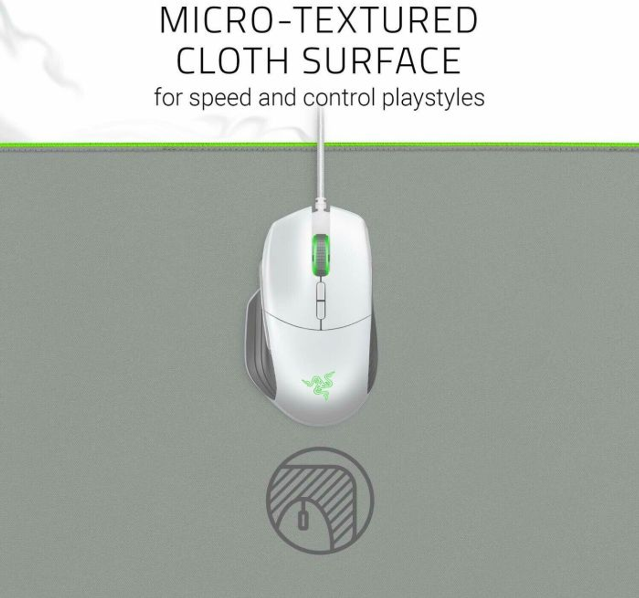 Een witte gamingmuis op een grijs micro-gestructureerd stoffen oppervlak. Razer-logo zichtbaar.