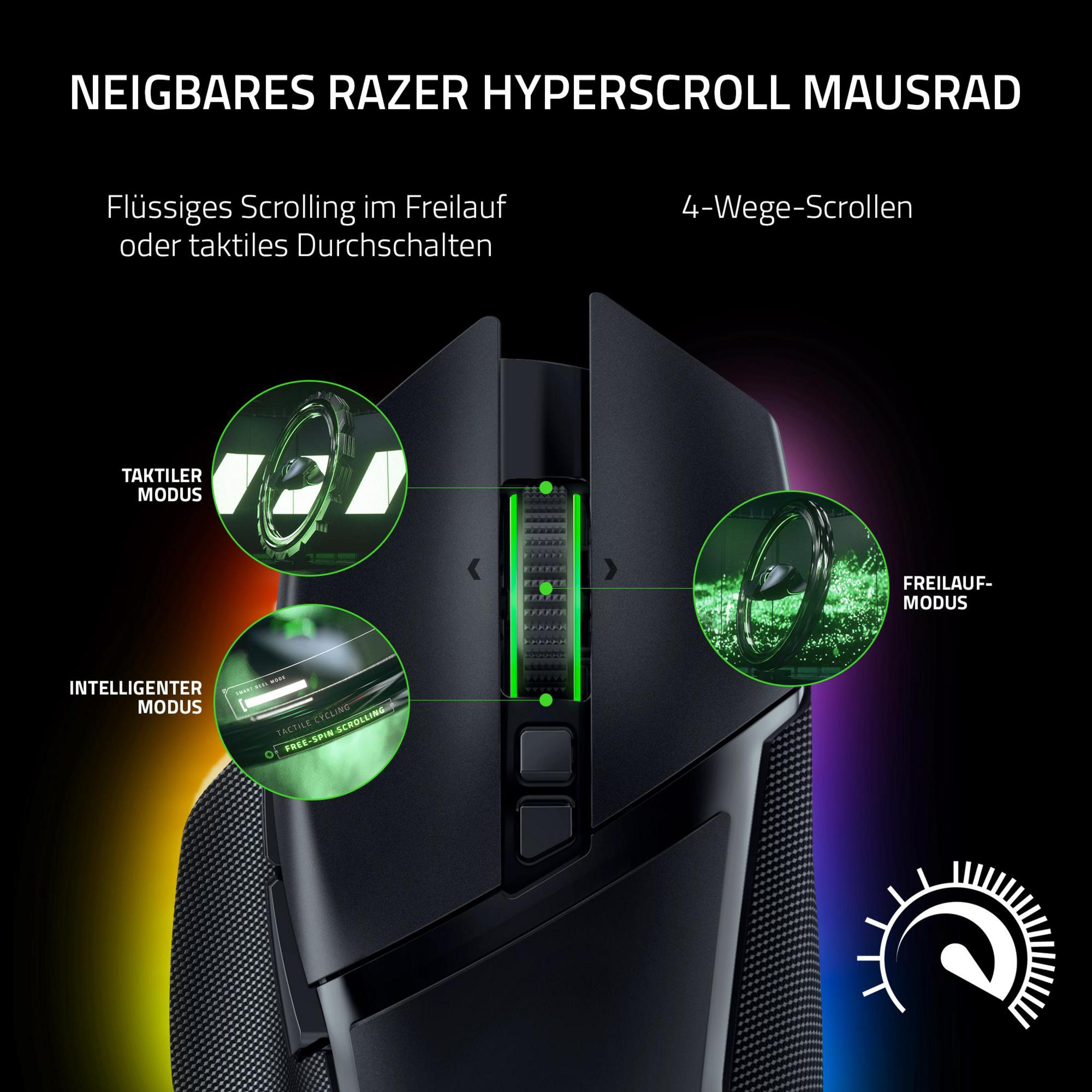 Close-up of a black computer mouse with multiple modes and features, including scrolling options.