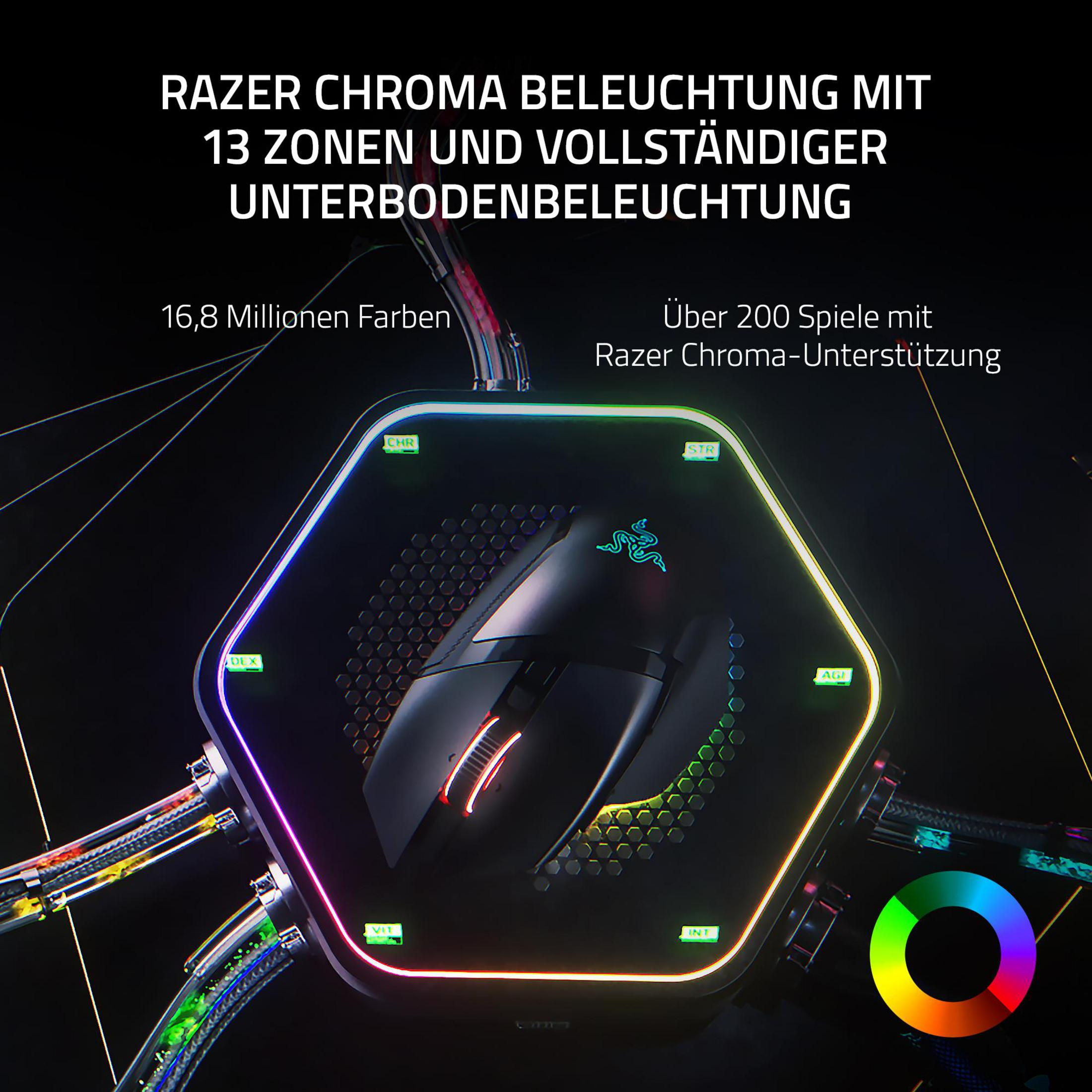 Razer Chroma gaming mouse with 13 zones of lighting. Hexagon-shaped base and colorful lights.