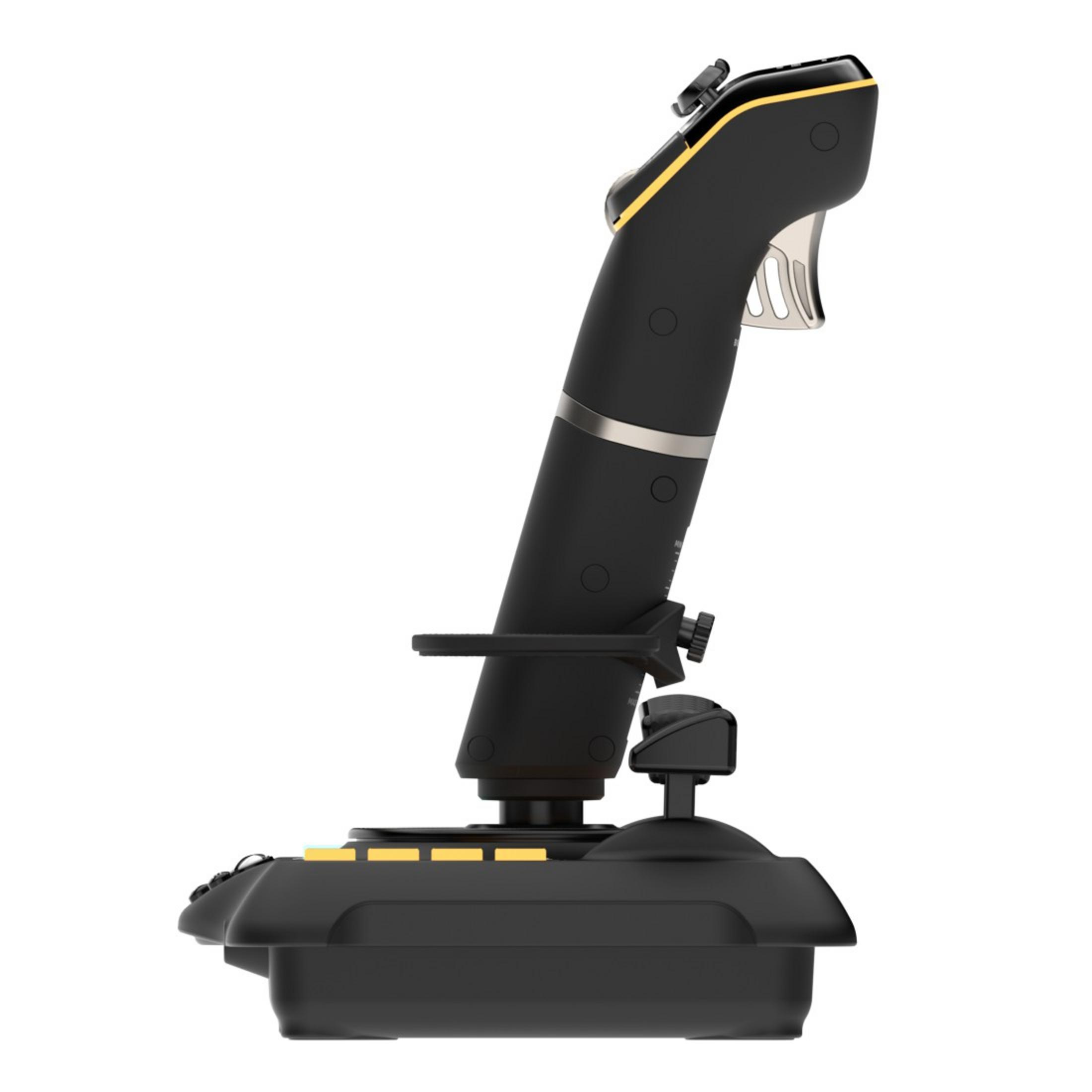Un joystick nero con accenti gialli. Ha una base e un'asta alta con pulsanti e un grilletto.