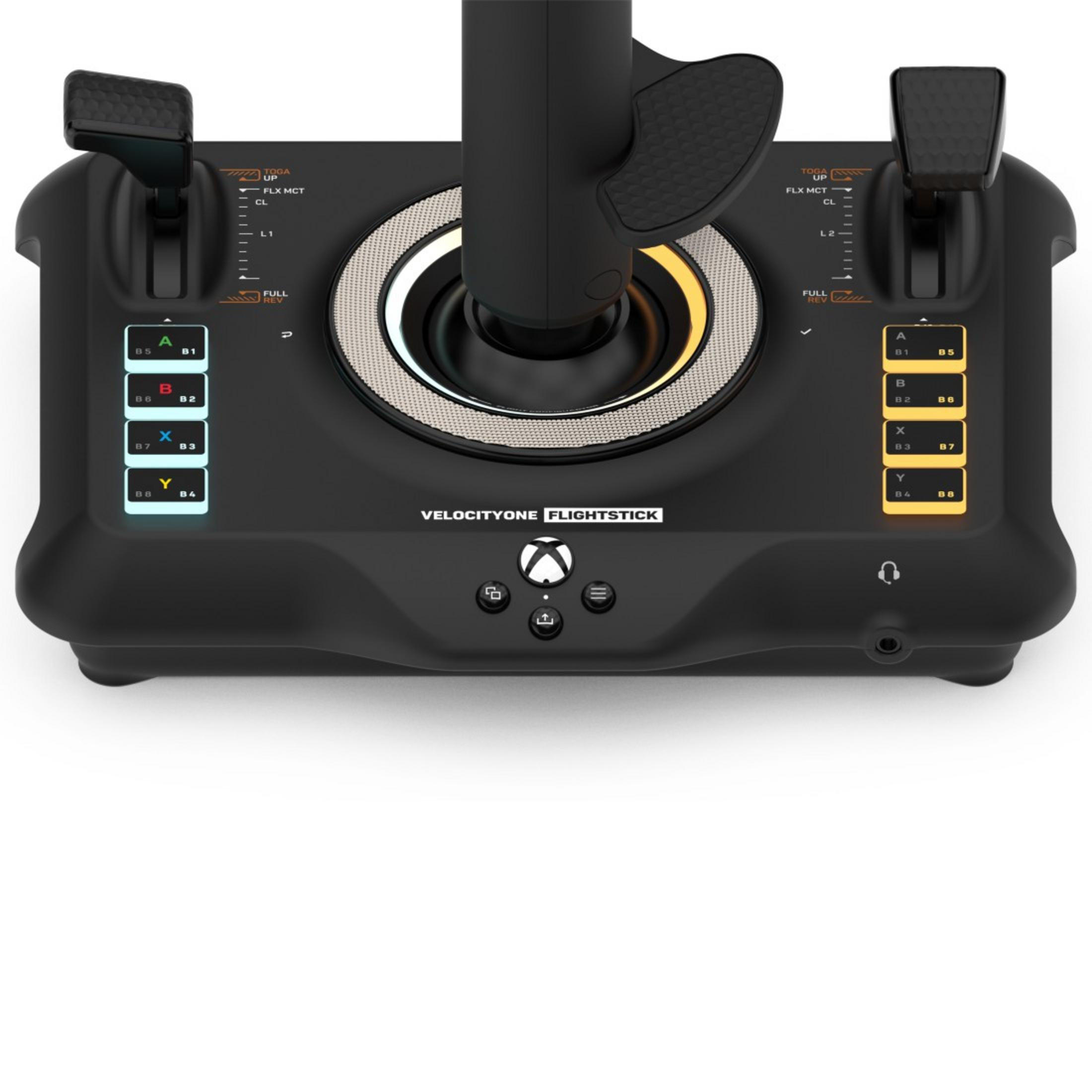 Controller joystick nero con pulsanti e acceleratore. Il pannello di controllo ha un design circolare con etichette dei pulsanti.