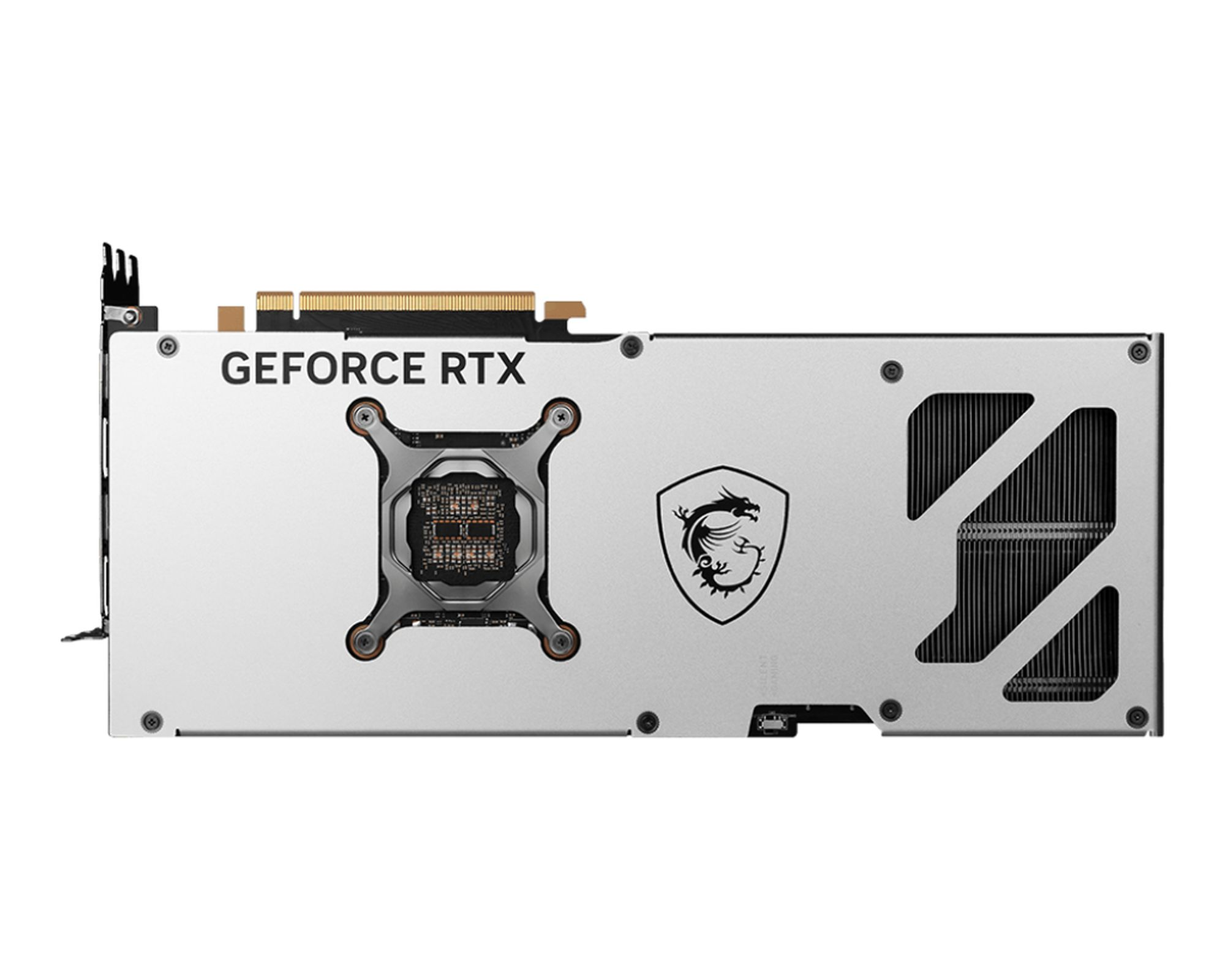 Silberne und schwarze Grafikkarte mit 'GEFORCE RTX'-Text und MSI-Logo.