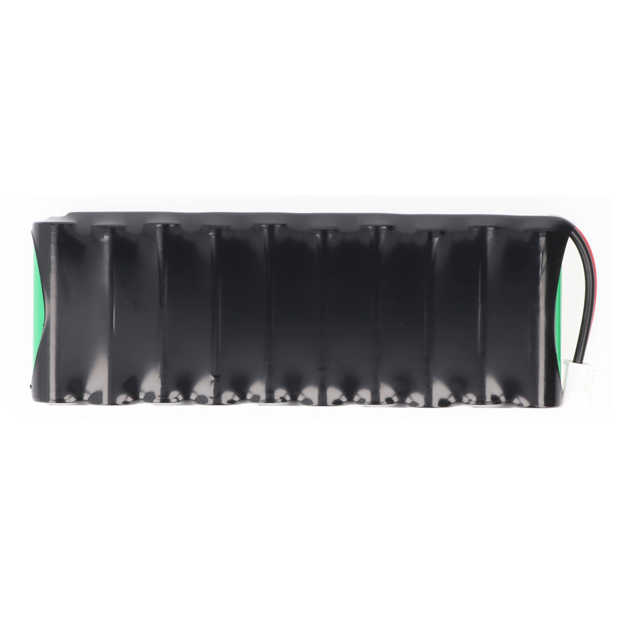 Schwarzes Batteriepack. Enthält mehrere Zellen, die in schwarzem Kunststoff verpackt sind.