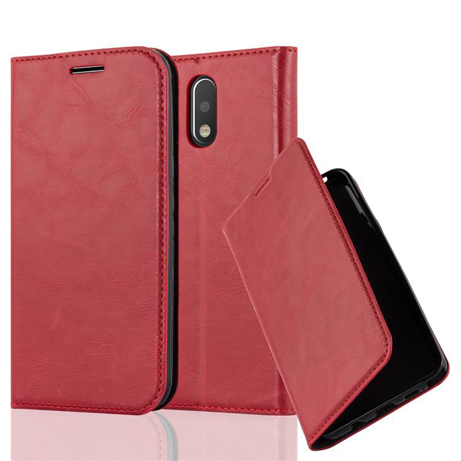Funda roja para teléfono con teléfono dentro. La funda abierta está a la derecha. Fondo blanco.