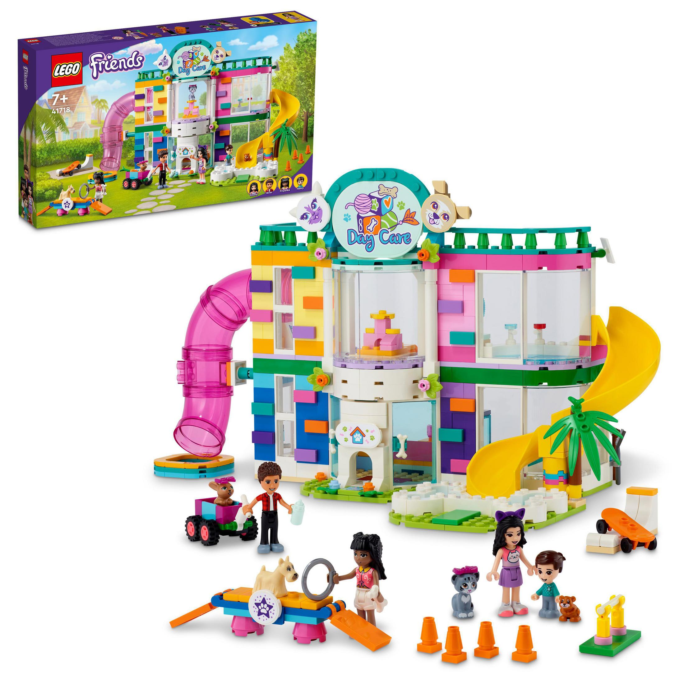 Zestaw Lego Friends Day Care. Wielokolorowy budynek z figurkami i akcesoriami. Zawiera zjeżdżalnię.