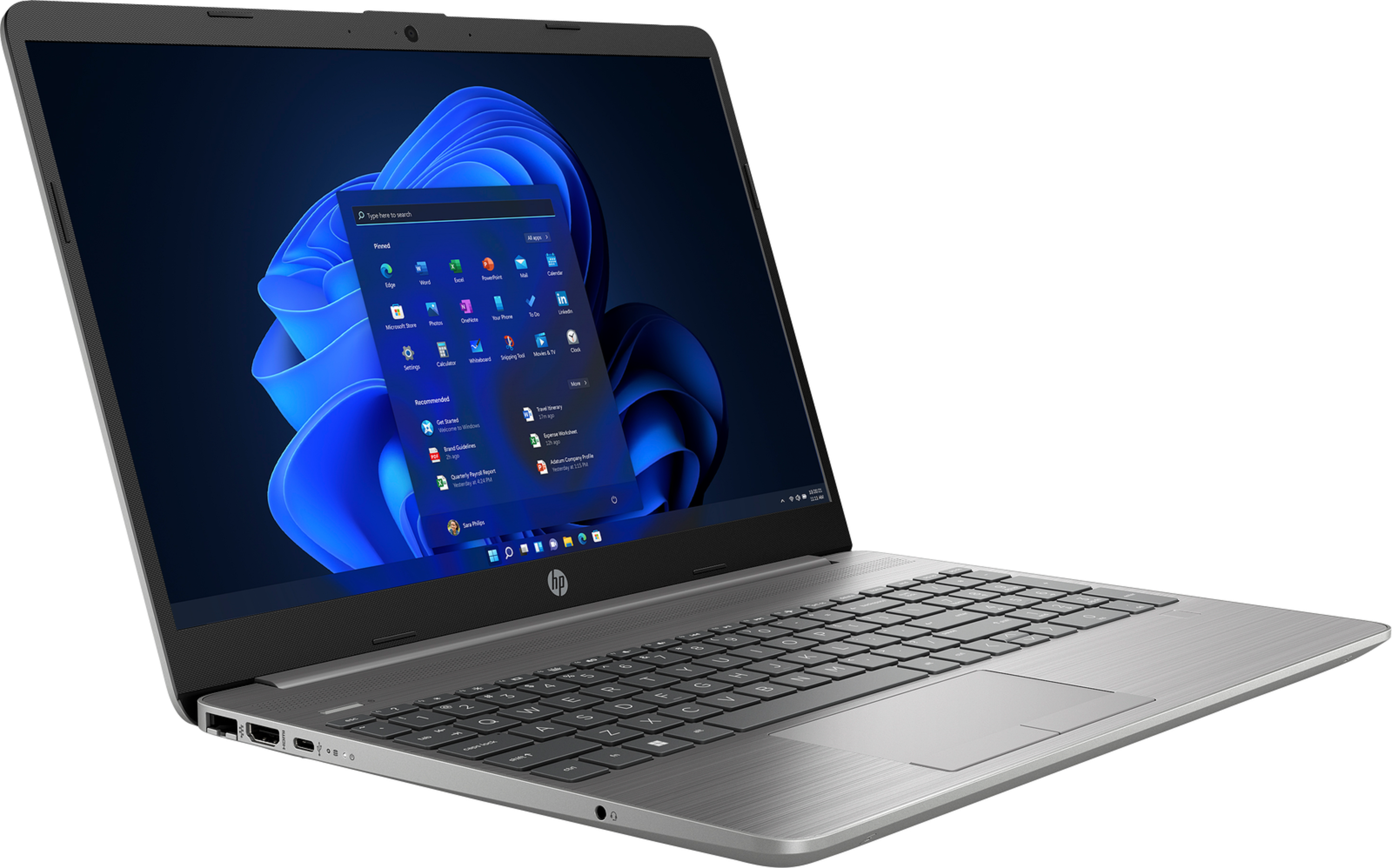 Silberner Laptop, geöffnet, zeigt einen Windows 11-Startbildschirm. Schwarzer Rahmen und Tastatur.