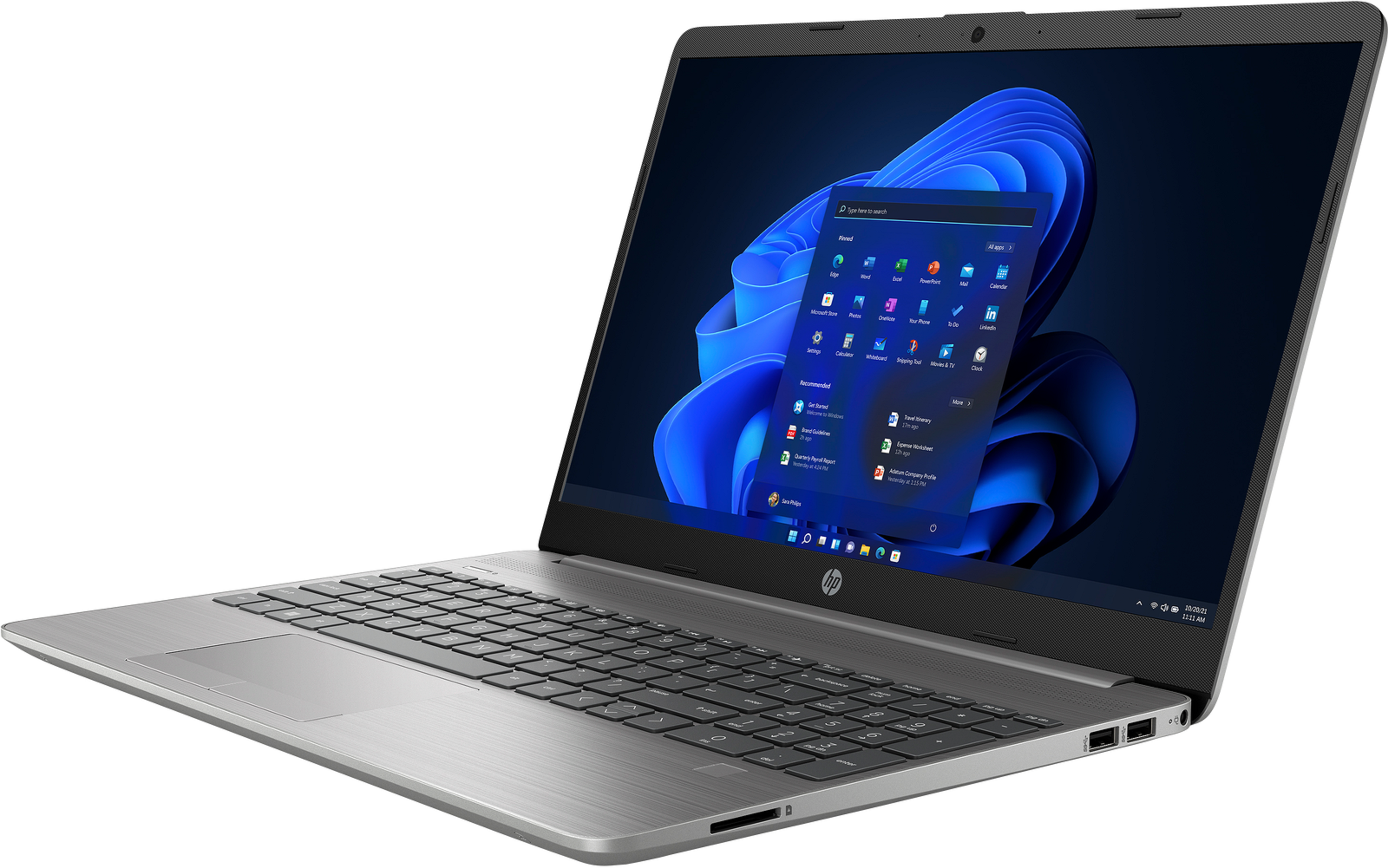 Ein silberner Laptop mit schwarzer Tastatur und blauem Bildschirm.