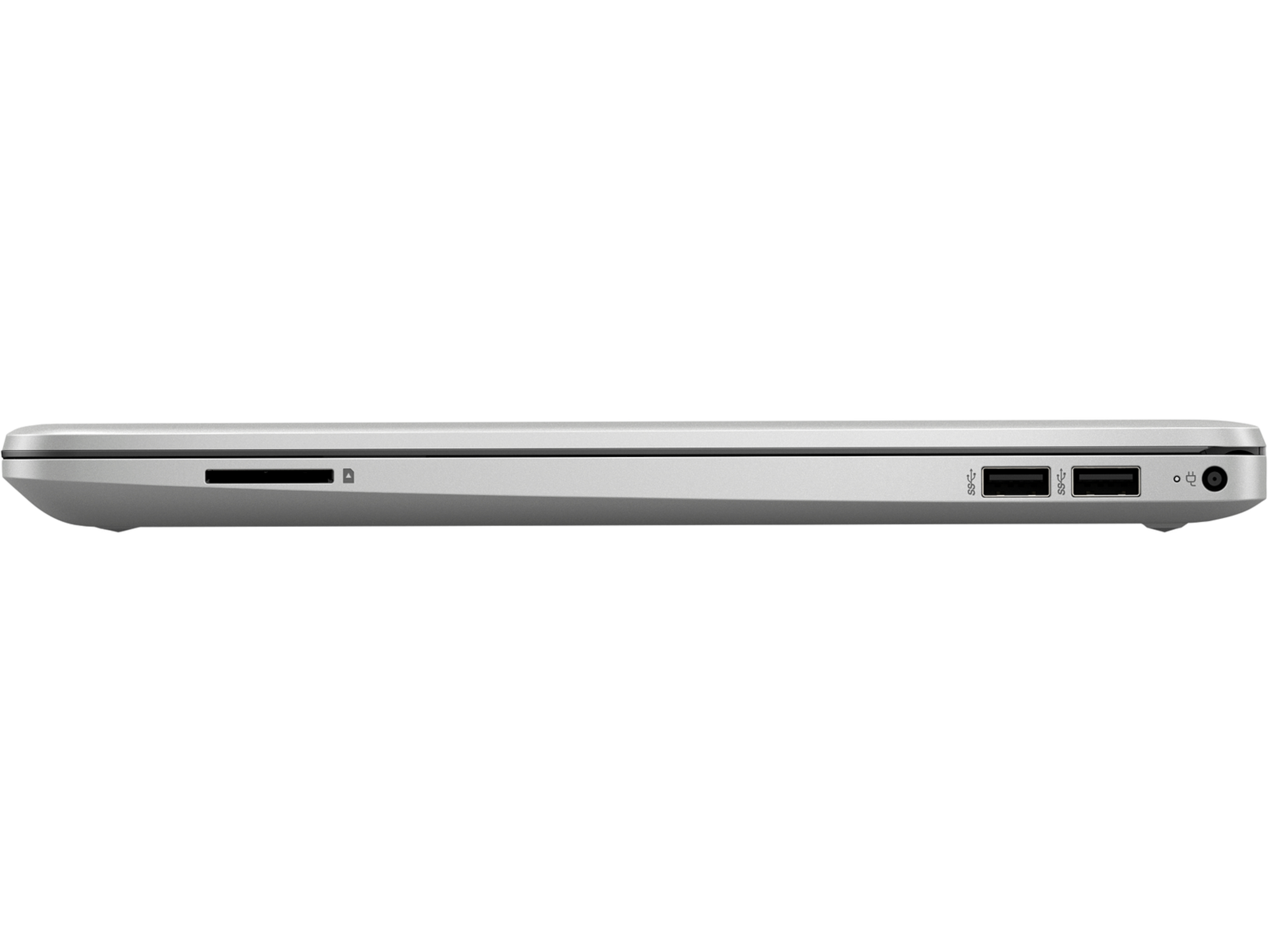Seitenansicht eines silbernen Laptops mit Anschlüssen. Weißer Hintergrund.