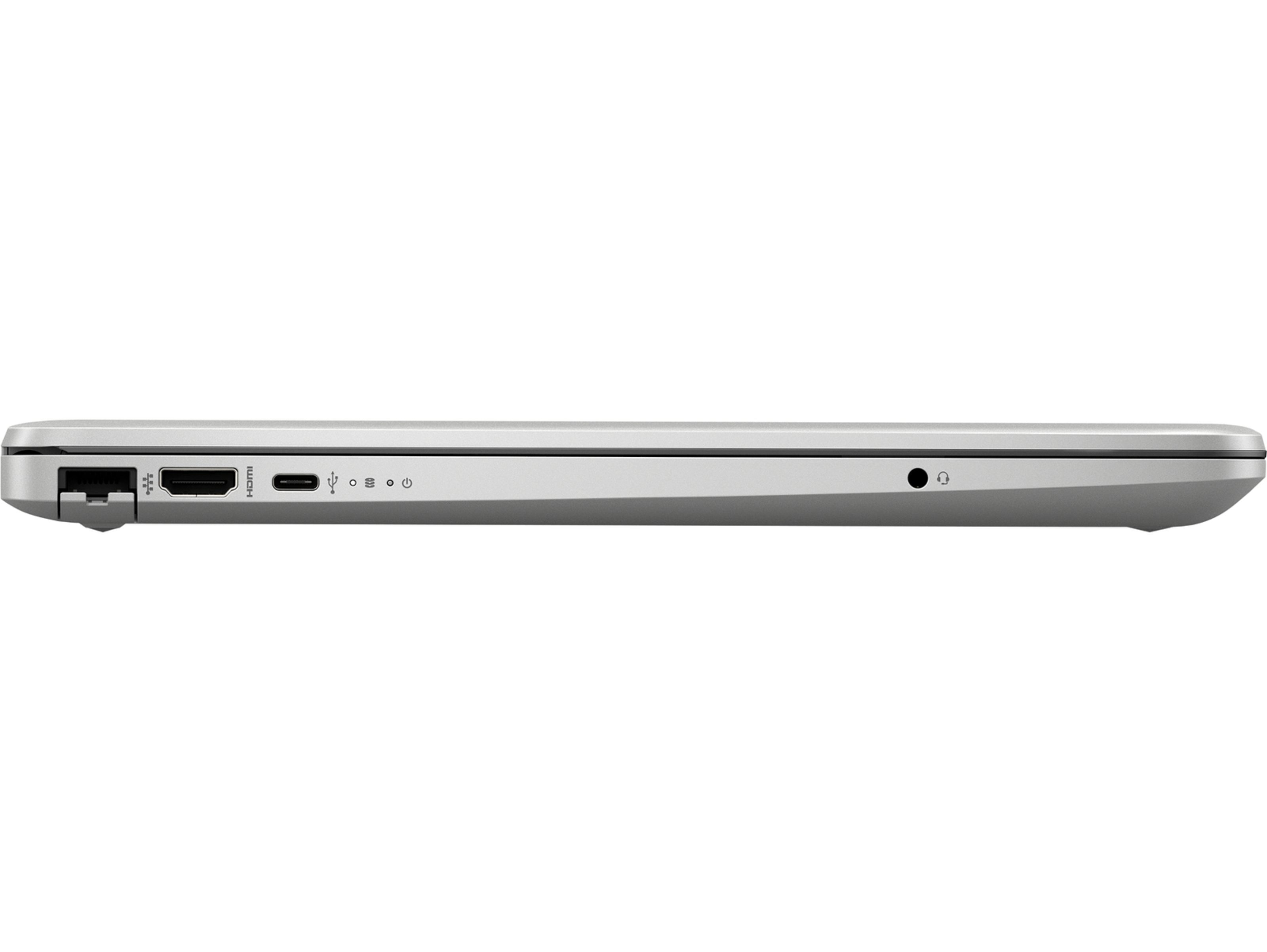 Seitenansicht eines silbernen Laptops, die Anschlüsse und einen Kopfhöreranschluss zeigt. Weißer Hintergrund.