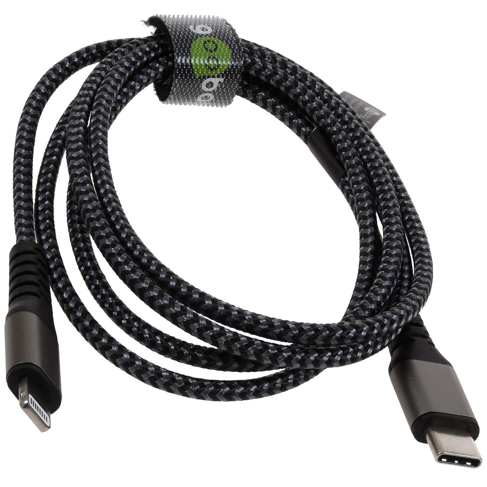 Geflochtenes USB-C-auf-Lightning-Kabel, umwickelt mit einem Klettverschlussband.