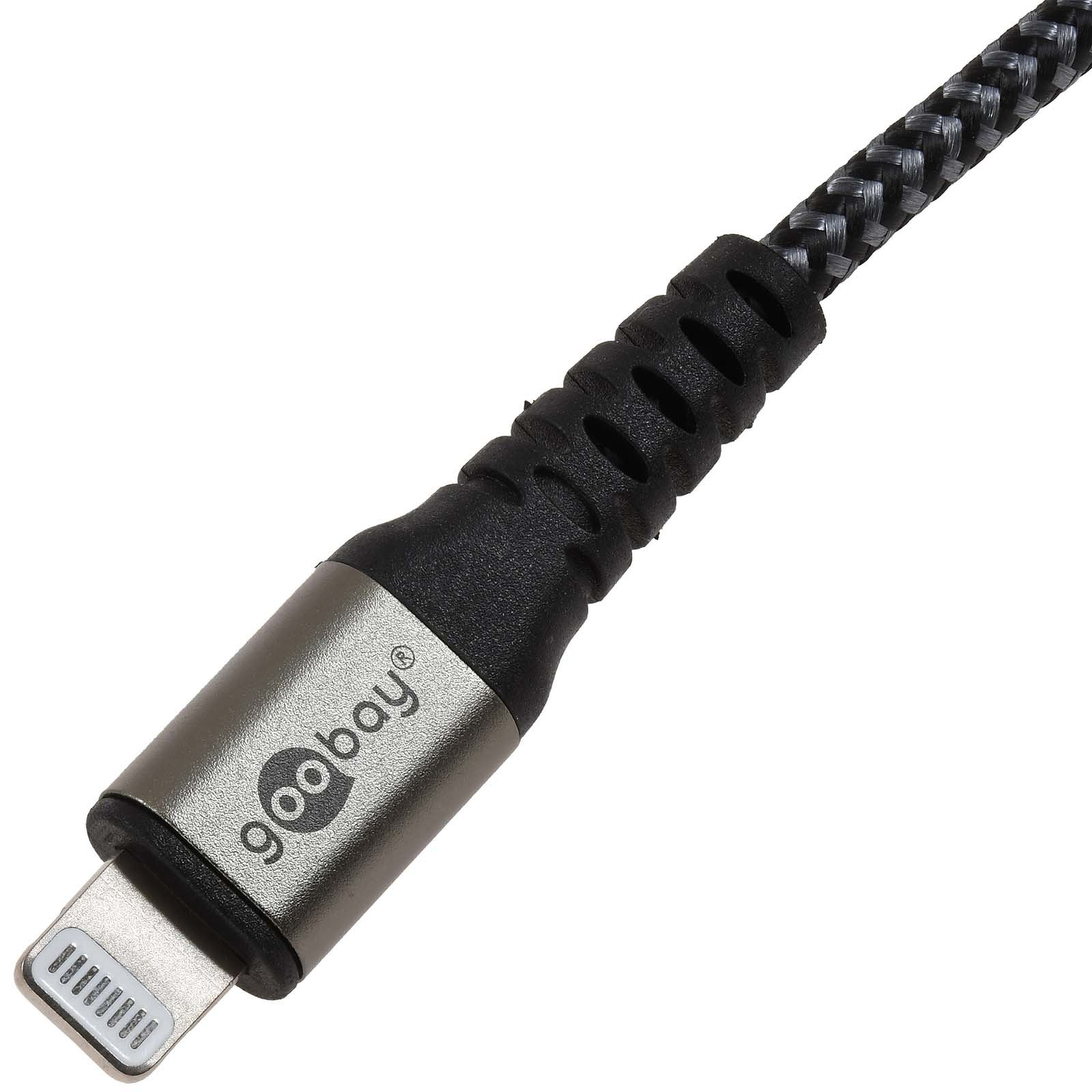 Nahaufnahme eines schwarz-grau geflochtenen Ladekabels mit silbernem Stecker und 'goobay' Logo.