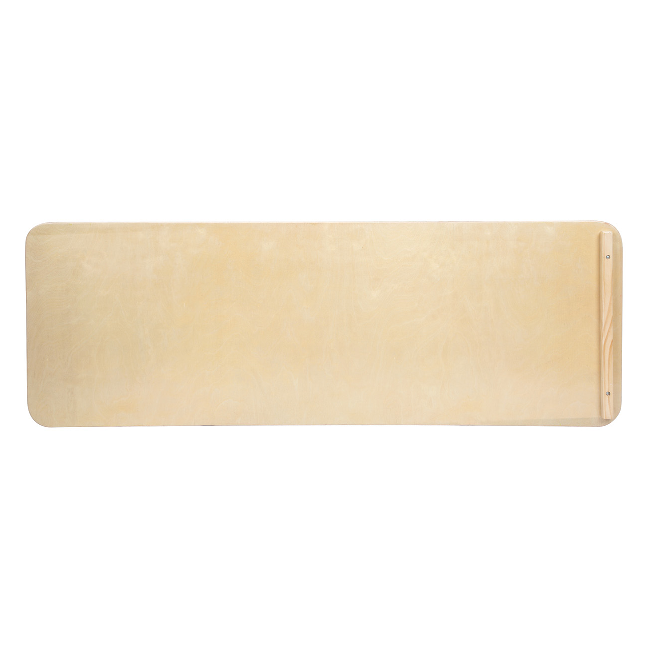 Hellbraunes Holz-Balanceboard. Rechteckige Form mit abgerundeten Ecken, glatte Oberfläche.
