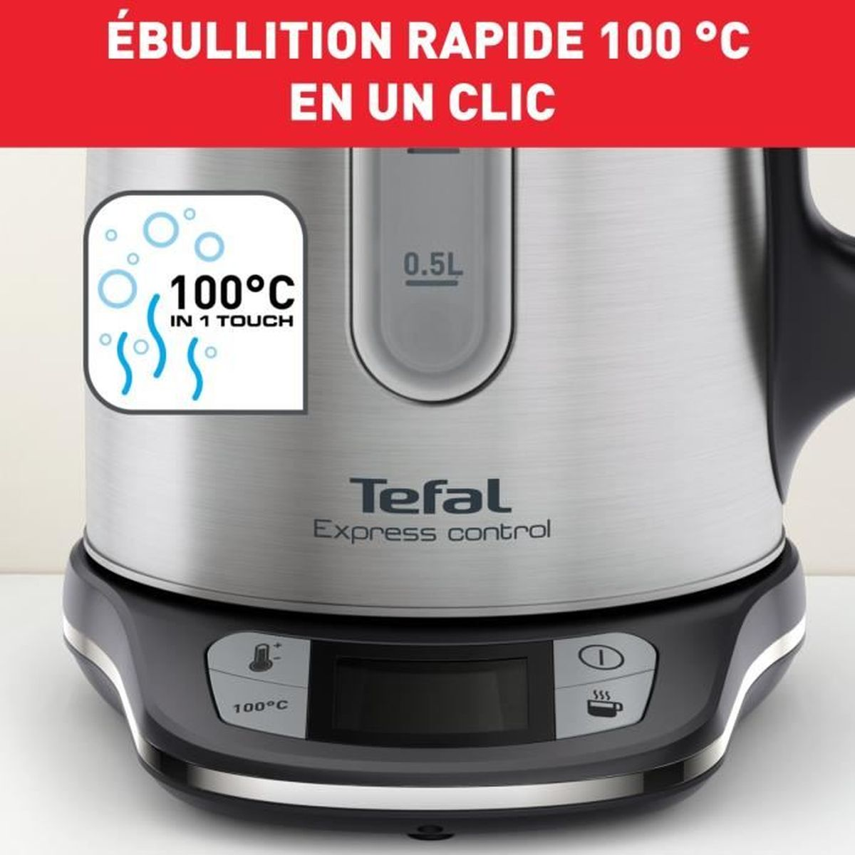 Primo piano di un bollitore Tefal Express Control con testo, argento e nero.