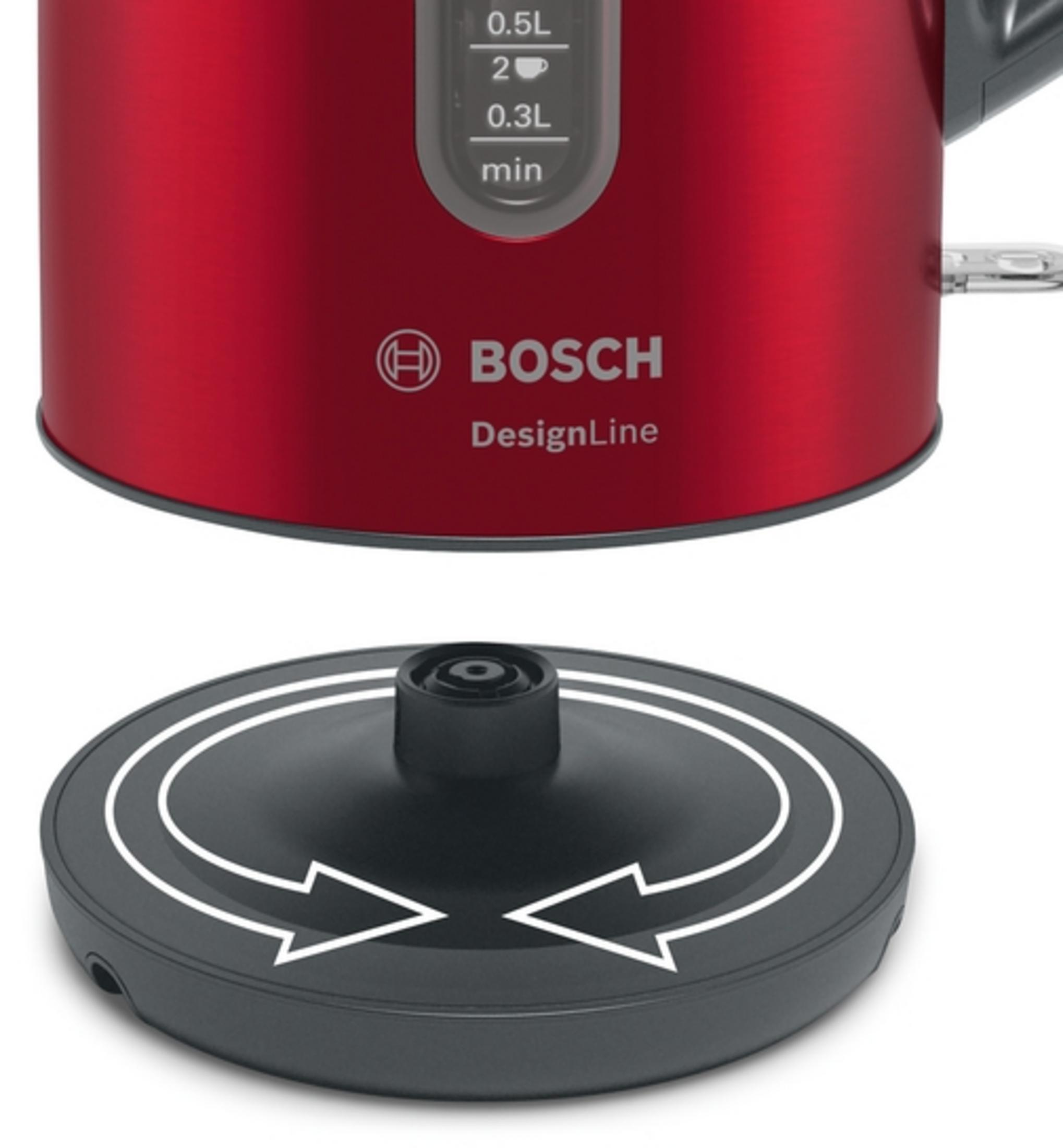 Czerwony i srebrny czajnik elektryczny z czarną podstawą, białym tłem i zbliżeniem.