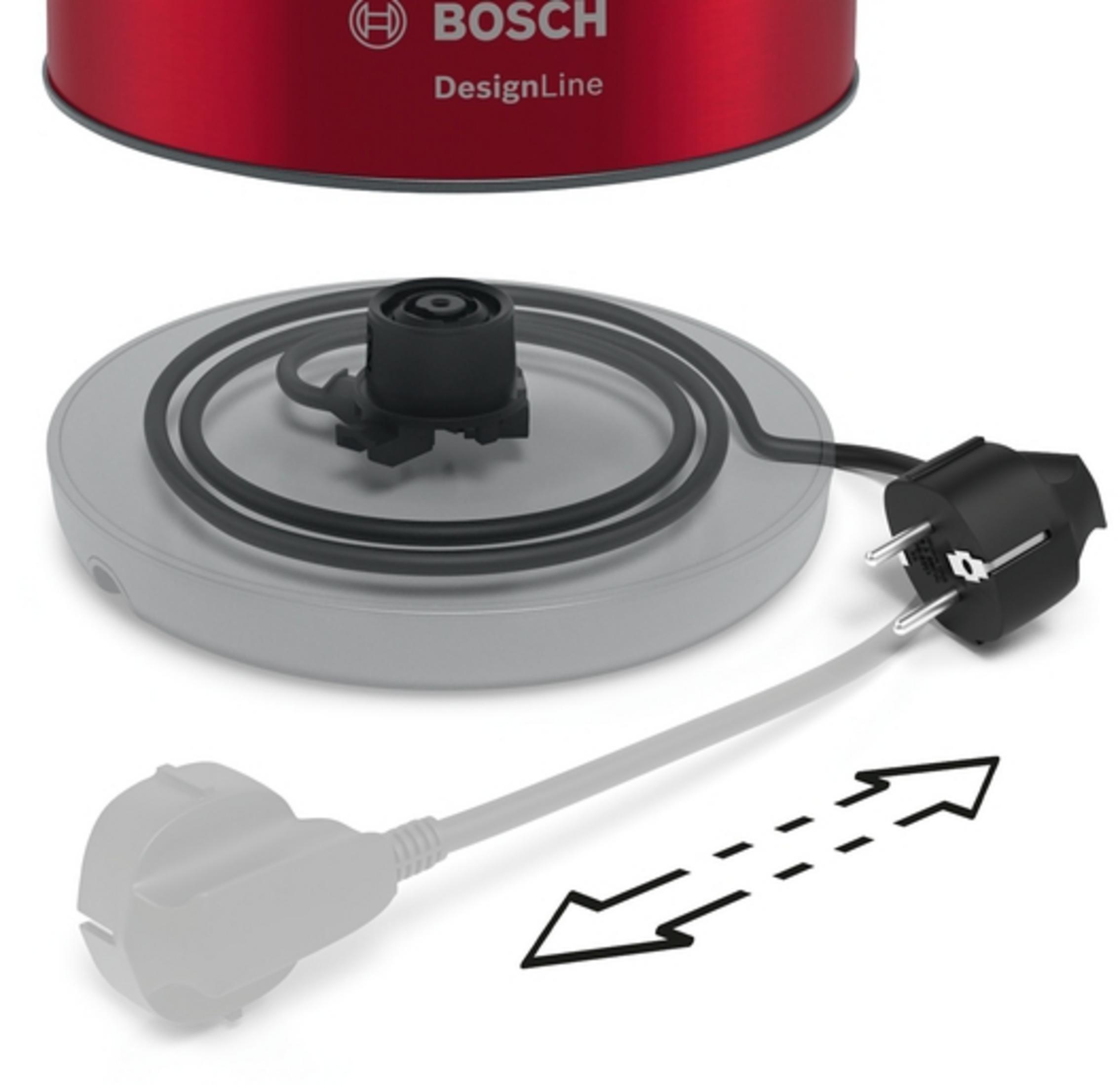 Zbliżenie czerwonej i szarej podstawy czajnika elektrycznego z wtyczką i strzałką.