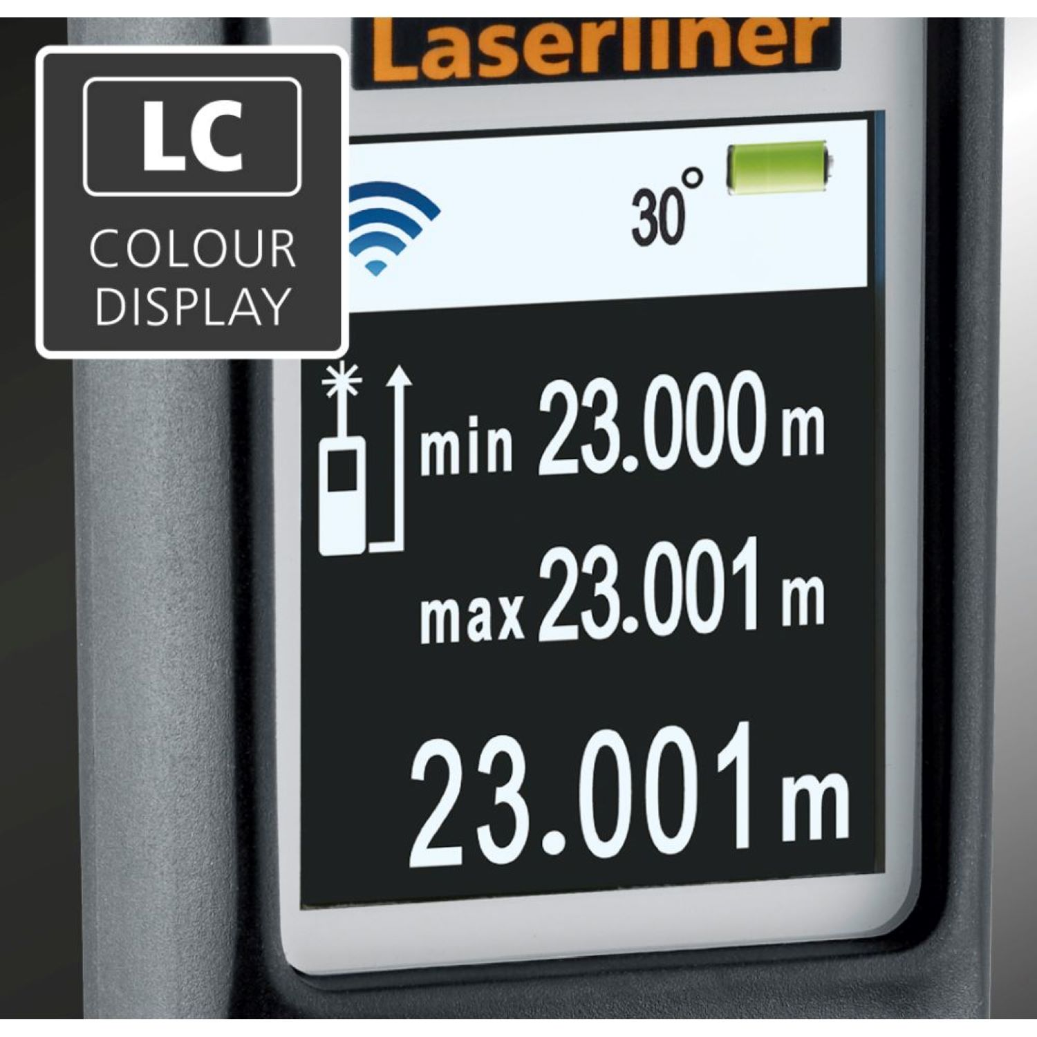 Laserliner Laser-Entfernungsmesser. Bildschirm zeigt Messungen. Farbanzeige.