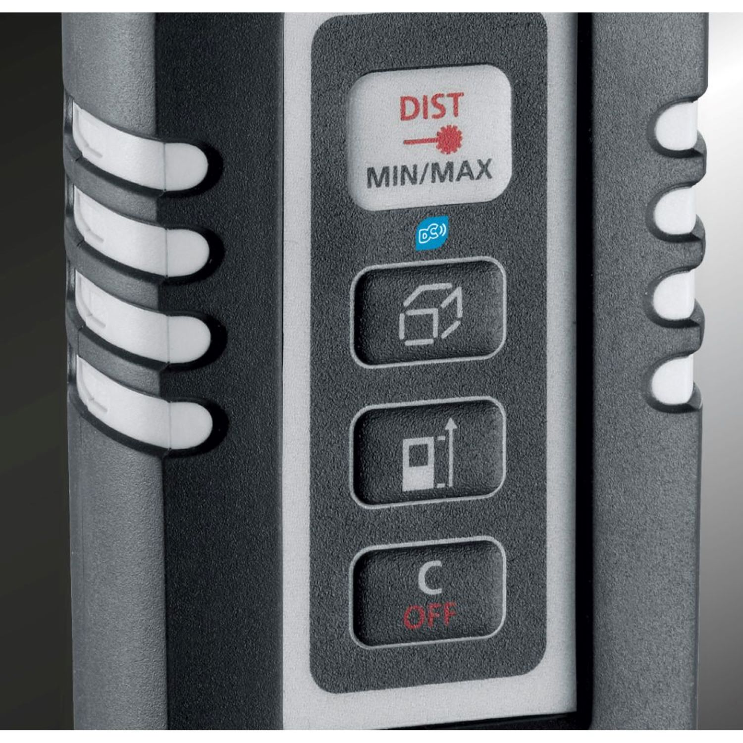 Nahaufnahme eines Geräts mit den Tasten DIST, MIN/MAX und anderen Symbolen.