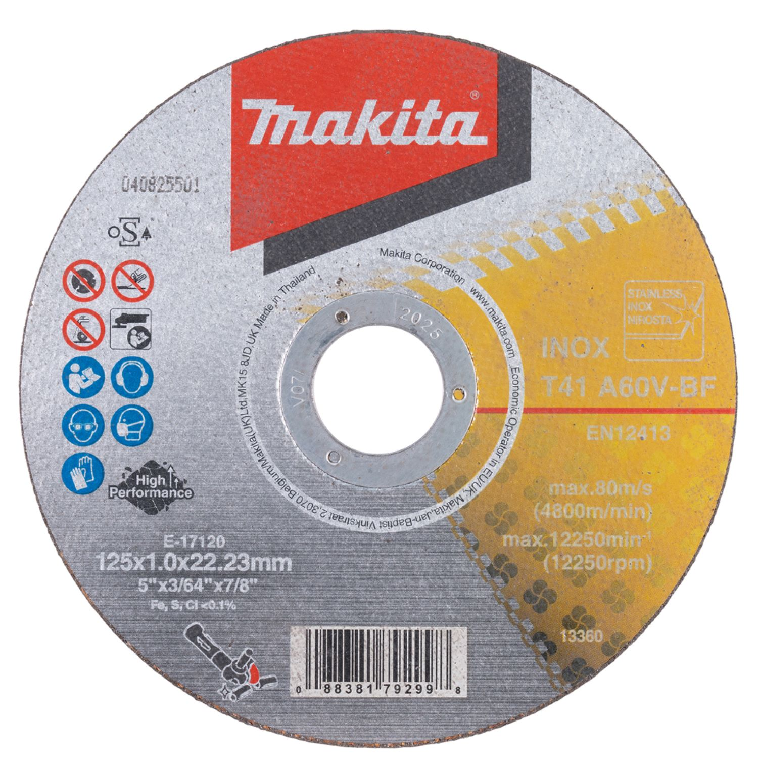Disco abrasivo Makita rotondo e argentato. Logo e testo rossi. Dettagli tecnici stampati intorno al disco.