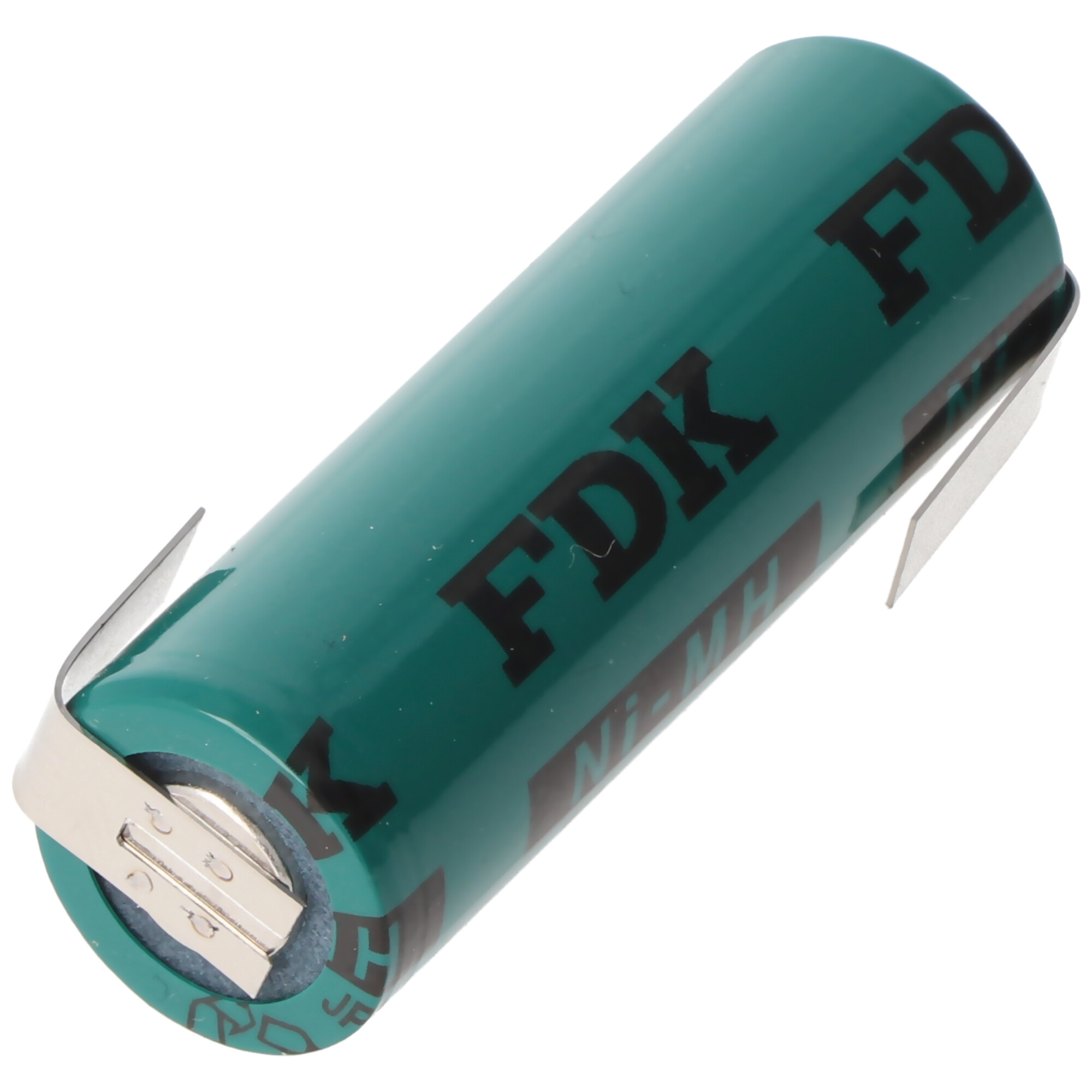Grüne zylindrische FDK Ni-MH-Batterie mit Metallkontakten und dem Text FDK.