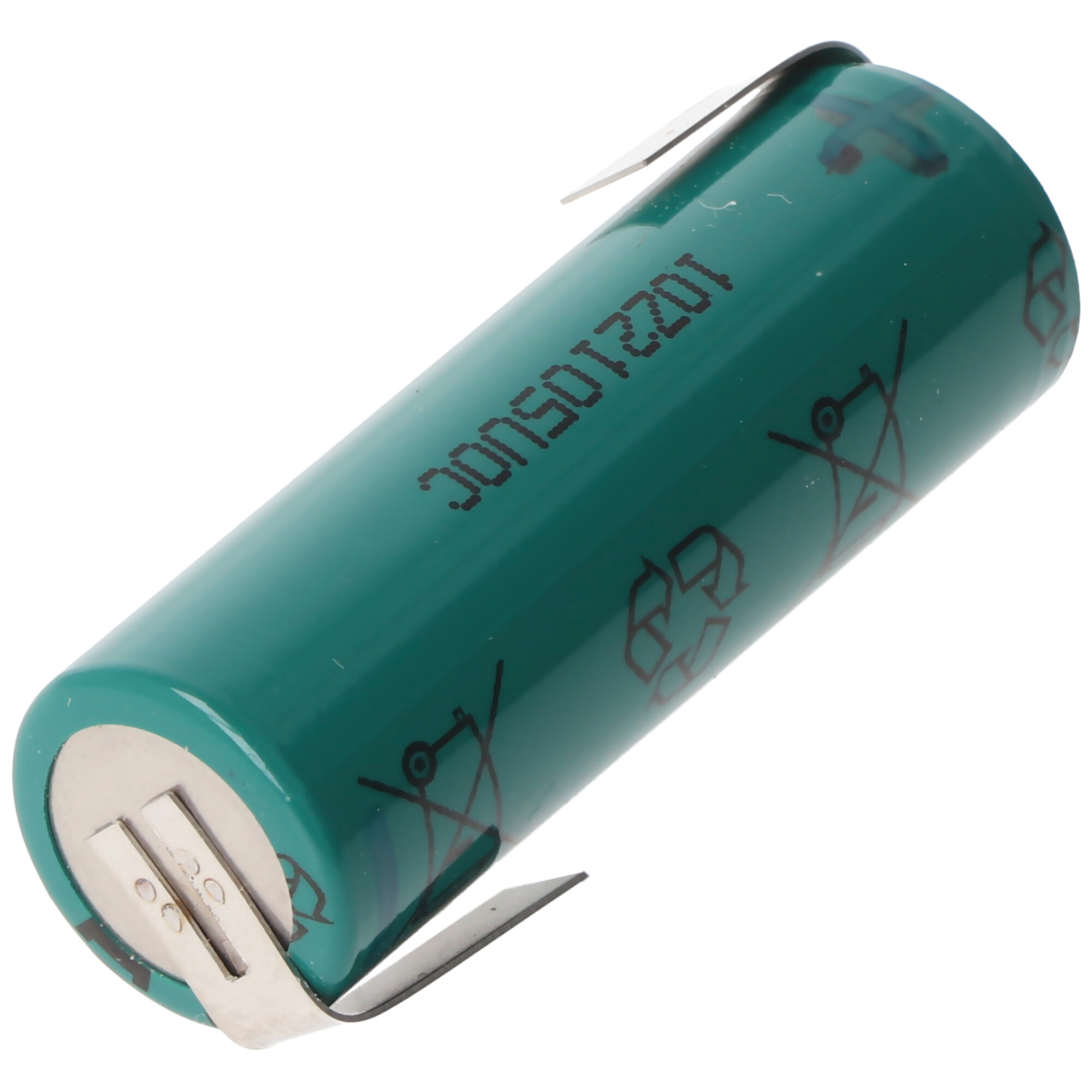 Grüne Batteriezelle mit zwei Metallklammern und Text an der Seite.